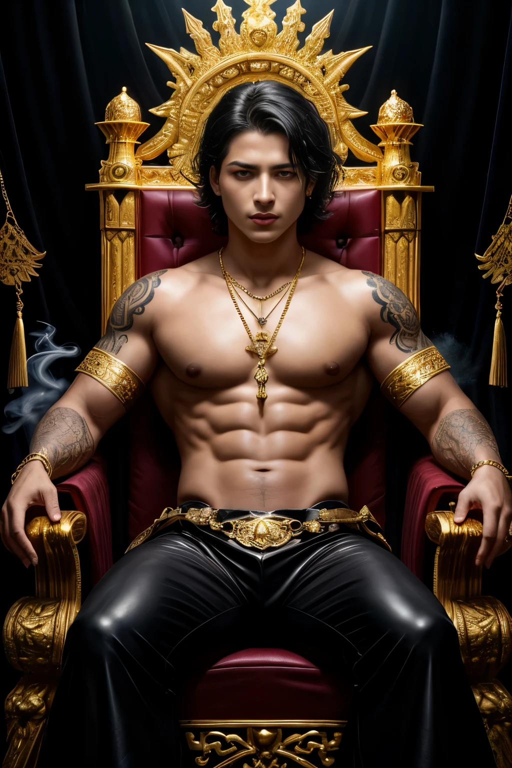 (best quality,4k,8k,highres,masterpiece:1.2),ultra-detailed,(realistic,photorealistic,photo-realistic:1.37),young man with black hair,(shaved temples:1.1),(golden eyes:1.1),sits on a detailed throne, fantasy clothing,dark atmosphere,dramatic lighting,dense fog,ornate decorations,ancient symbols,mystical aura,ominous shadows,spiky leather armor,tattoos on arms,crown with intricate carvings,elaborate patterns,sharp edges,tattered banners and flags,stone pillars with engravings,gold accents and jewelry,eyes glowing with magic,smoke rising from beneath the throne,glowing runes,heart-shaped pendant hanging from neck