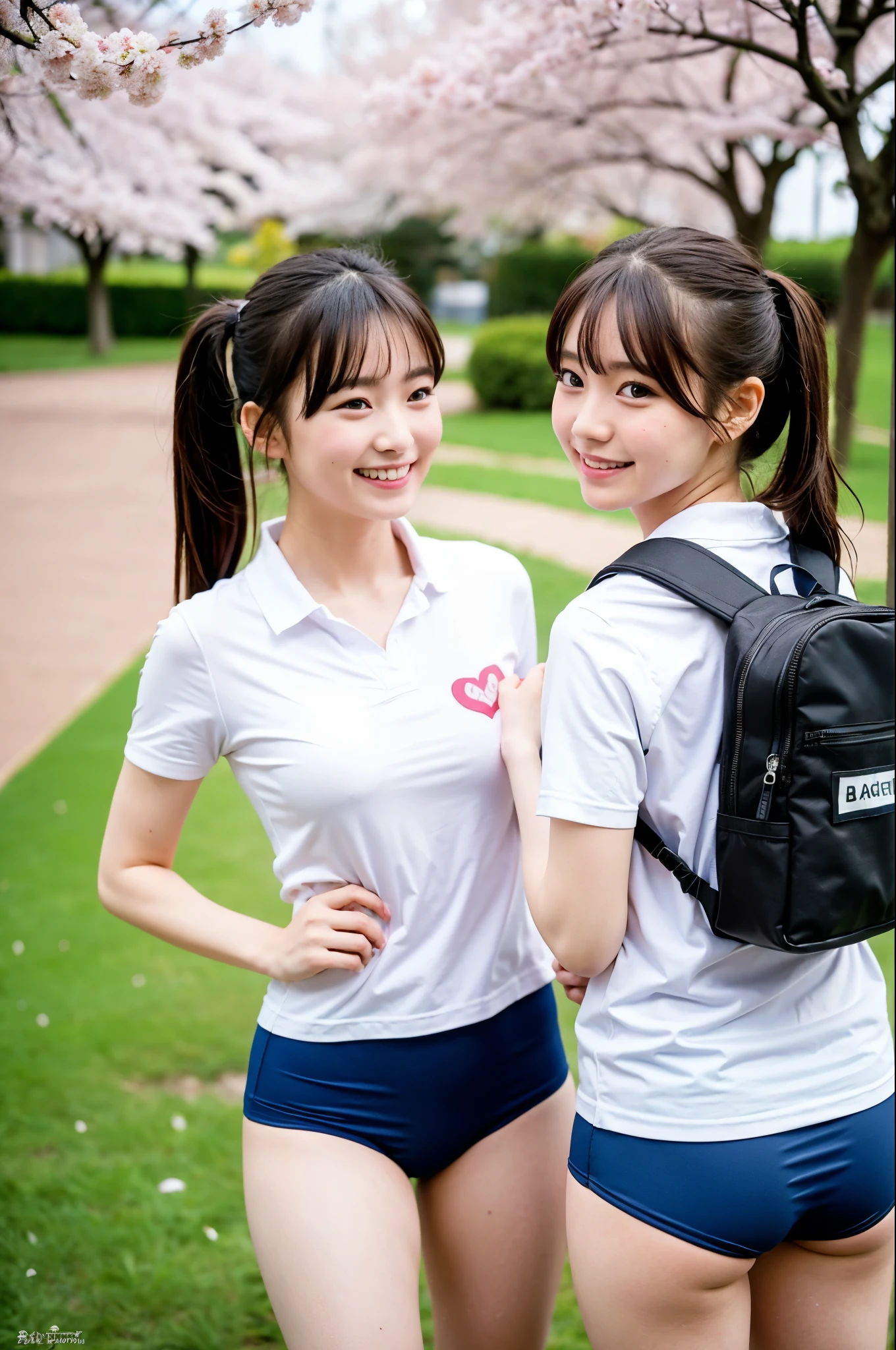 2 girls in school yard filled with cherry blossoms,white gym shirt over blue school swimsuit,school bag,18-year-old,bangs,a little smile,thighs,knees,low ponytails with barrette,from below,front light