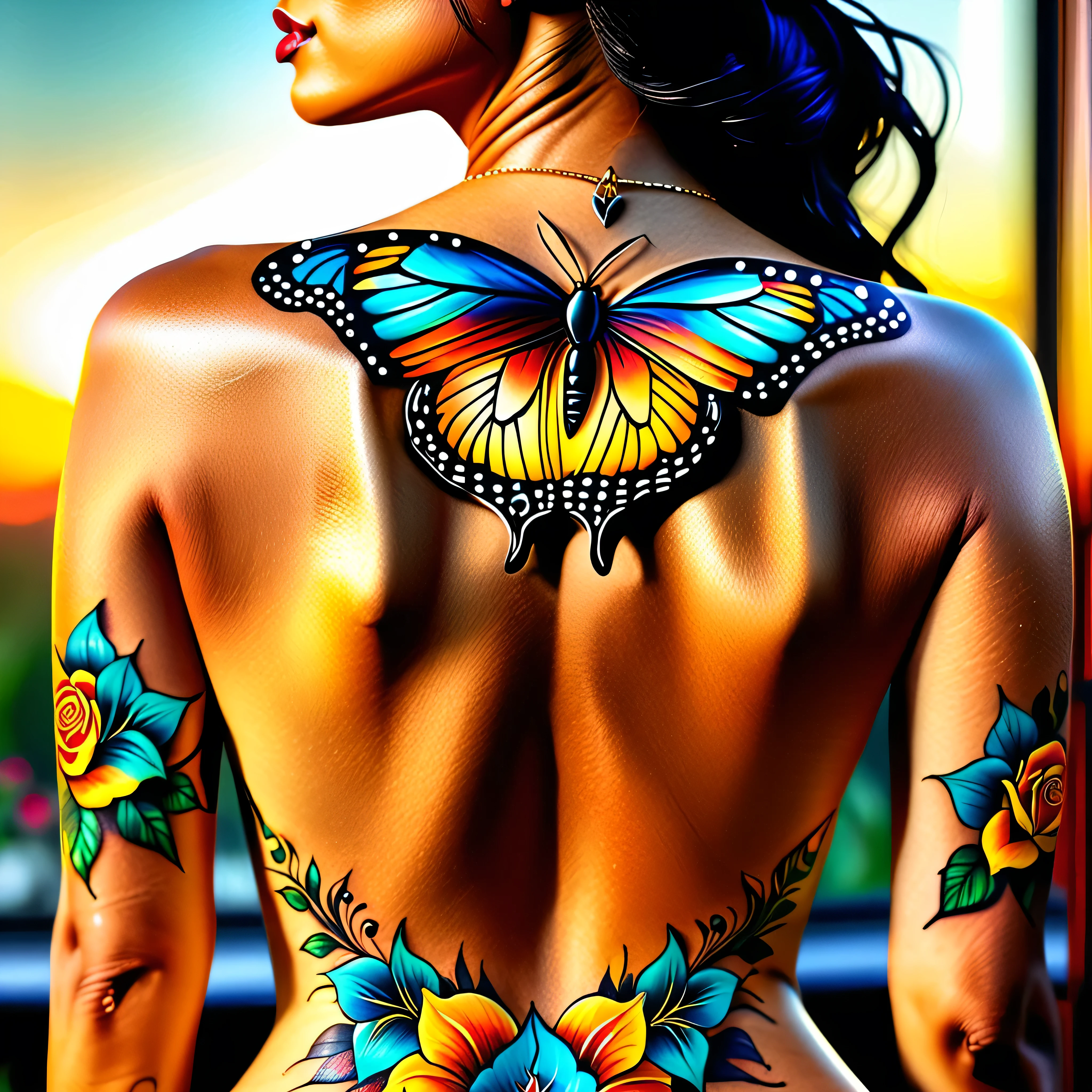 epic Gorgeous ((back view fullbodye❤ symmerical meticulously intricate tattoo heart rose Lys floraison)) sunset sunrise sunshine sundrop tMasterpiece, top Best quality, ((Realistic)), ((1 person)), ultra high-quality, very gentle and beautiful, fabulous, Formal art with attention to detail unbelievable Ridiculous, huge file size, ultra high-detailed, very perfec detailed, epic (Pretty Woman), (Detailed and feminine),UHD, HDR ((ideal female figure)), thin waist, Cover your chest with your hands, (tourmaline equirecangular Eiffel ❤tattoos❤ all over the fullbody)), With a powerful presence, Her body is adorned with a unique combination of abstract and ulra_realistic design, vivid indigo colorful turquoise vibrant sundrop DSLR epic Digital art, by Artgerm, hyper high-details, Hello Top Fade, cowboy shot, Dark Fantasy, saturate, reflection, monarch butterfly, heart, earth, hearth, fleuraison varied multi etc. --v 6 --s 1000 --c 20 --q5 --chaos 100