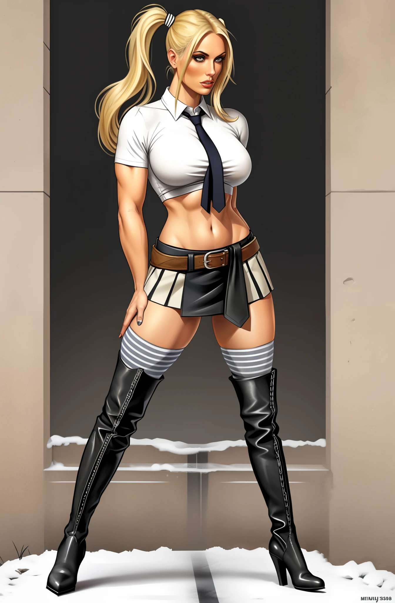 blonde woman, pigtails, midriff, short skirt, tight top, tie, striped socks, heavy boots