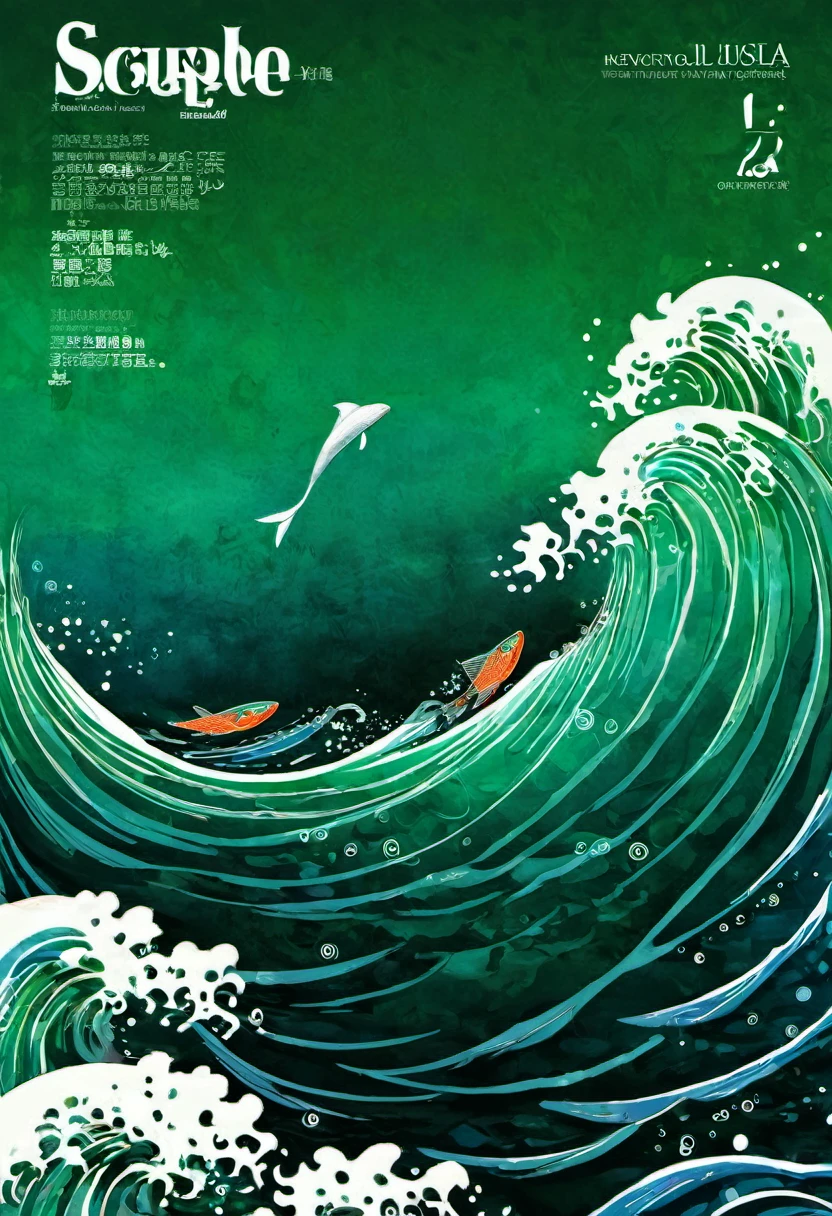 Magazine cover 1.2 magazine cover 1.2 Magazine cover 1.2 masterpieces. The complex and detailed dream-like art style has a big fish jumping upward. The dynamic is bright and clear. The waves in the sea are fluid and dynamic. The dark green gradient on the waves is complex and detailed. Inspired by Victor Wei&#39;s rich Chinese style, the colors and lines of his works are of apps with a personal touch，The content of the screen is very unreal，It&#39;s like a dream world combining traditional and digital technology，Produce captivating and imaginative masterpieces of art, top quality, Best quality magazine covers