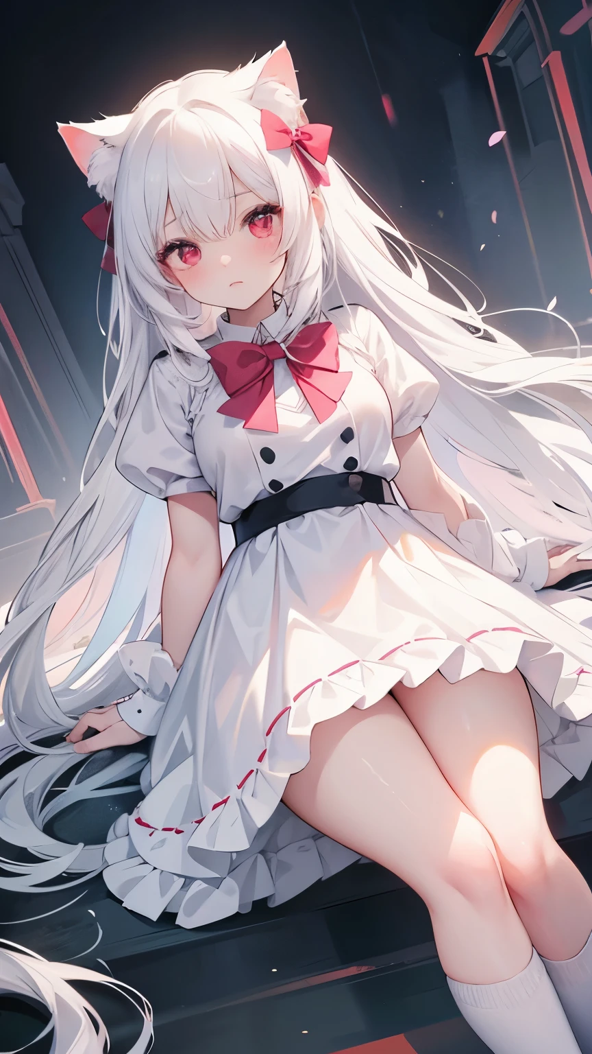 beautiful hair、 beautiful eyes、 beautiful skin、beautiful legs、beautiful arms、perfect fingers、 Very cute,white hair, long hair,white cat ears, white cat tail,best quality,High resolution,top quality,pink bow,slender eyebrows,hair slightly moist,little girl,very young,18 years old,Shy的微笑,Lift up most of the skirt with both hands,Wearing black knee-high socks on the right leg,Wearing white knee socks on left leg,extra large breasts,plump breasts,tall figure,pink bow ,Red eyes,white skirt,Blushed,Shy,凸显extra large breasts,Breasts mostly exposed