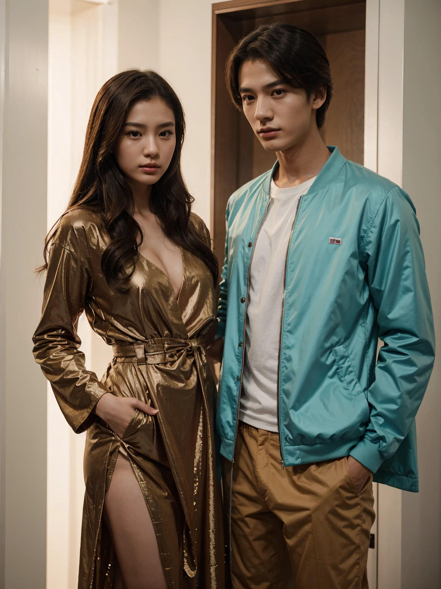a man and a woman standing next to each other at a Party, an image, inspired by Adam Dario Keel, a jacket that is trending in the cg community, a beautiful young Korean woman wearing a long party dress, a screencap of the film, model elisajes from acquamodels