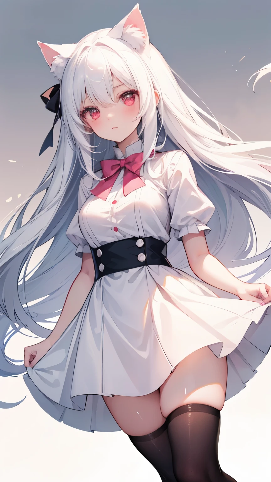 beautiful hair、 beautiful eyes、 beautiful skin、beautiful legs、beautiful arms、perfect fingers、 Very cute,white hair, long hair,white cat ears, white cat tail,best quality,High resolution,top quality,pink bow,slender eyebrows,hair slightly moist, girl,very young,18 years old,Shy的微笑,Lift up most of the skirt with both hands,Wearing black knee-high socks on the right leg,Wearing white knee socks on left leg,extra large breasts,plump breasts,tall figure,pink bow ,Red eyes,white skirt,Blushed,Shy,凸显extra large breasts,Breasts mostly exposed