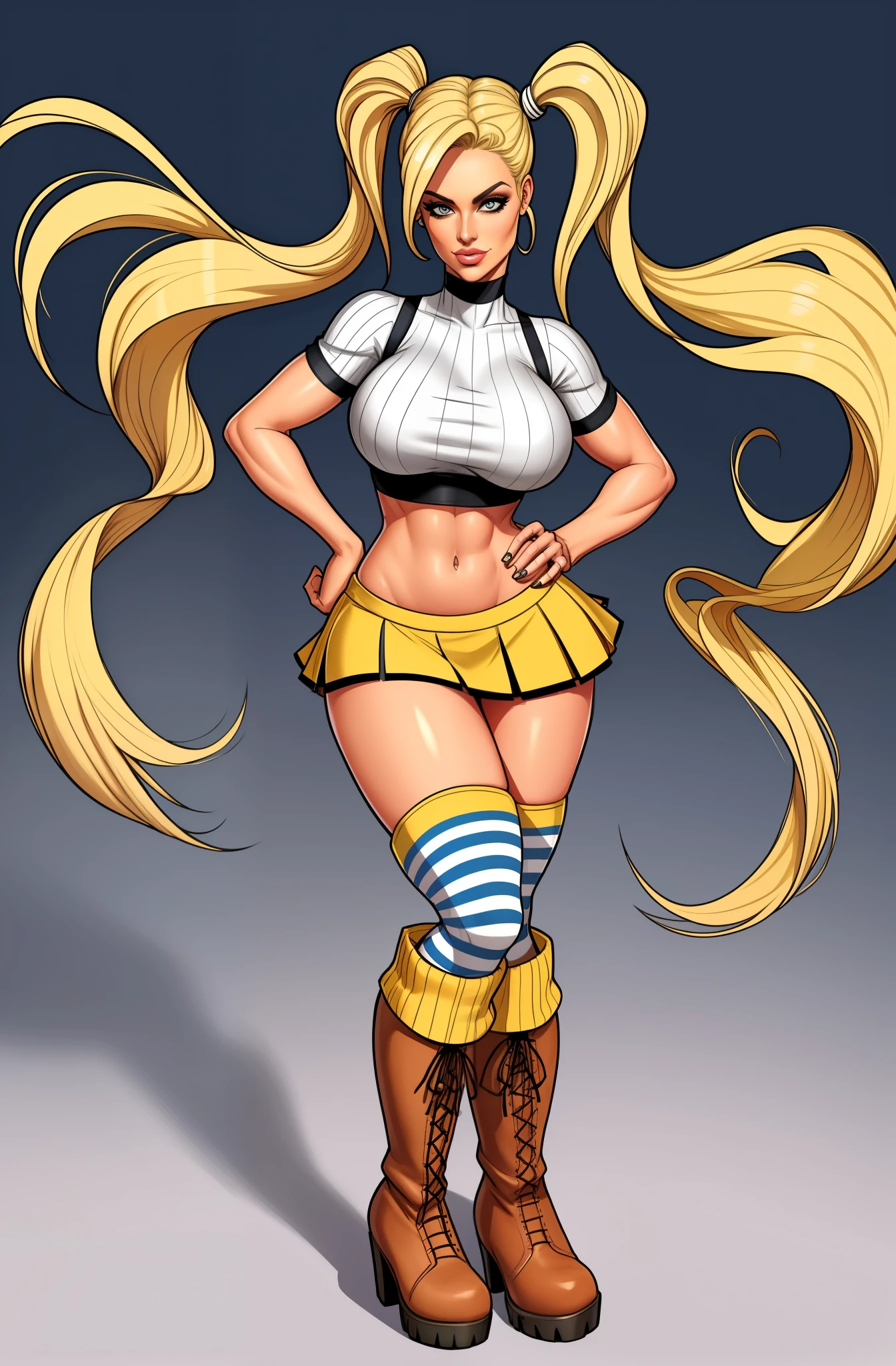 blonde woman, pigtails, midriff, short skirt, tight top, striped socks, heavy boots. colourful