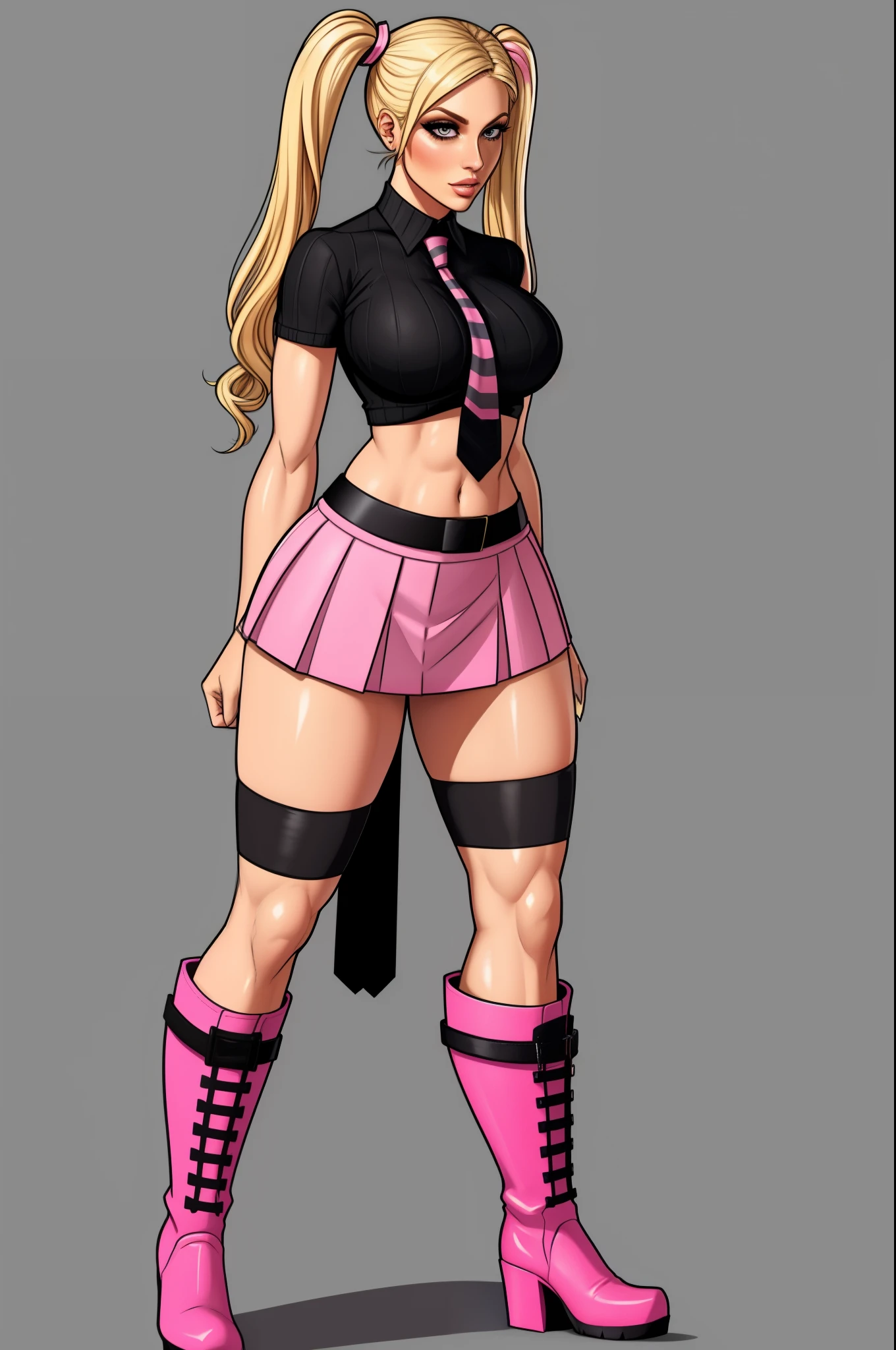 blonde woman, pigtails, midriff, short skirt, tight top, tie, striped socks, heavy boots, pink and black