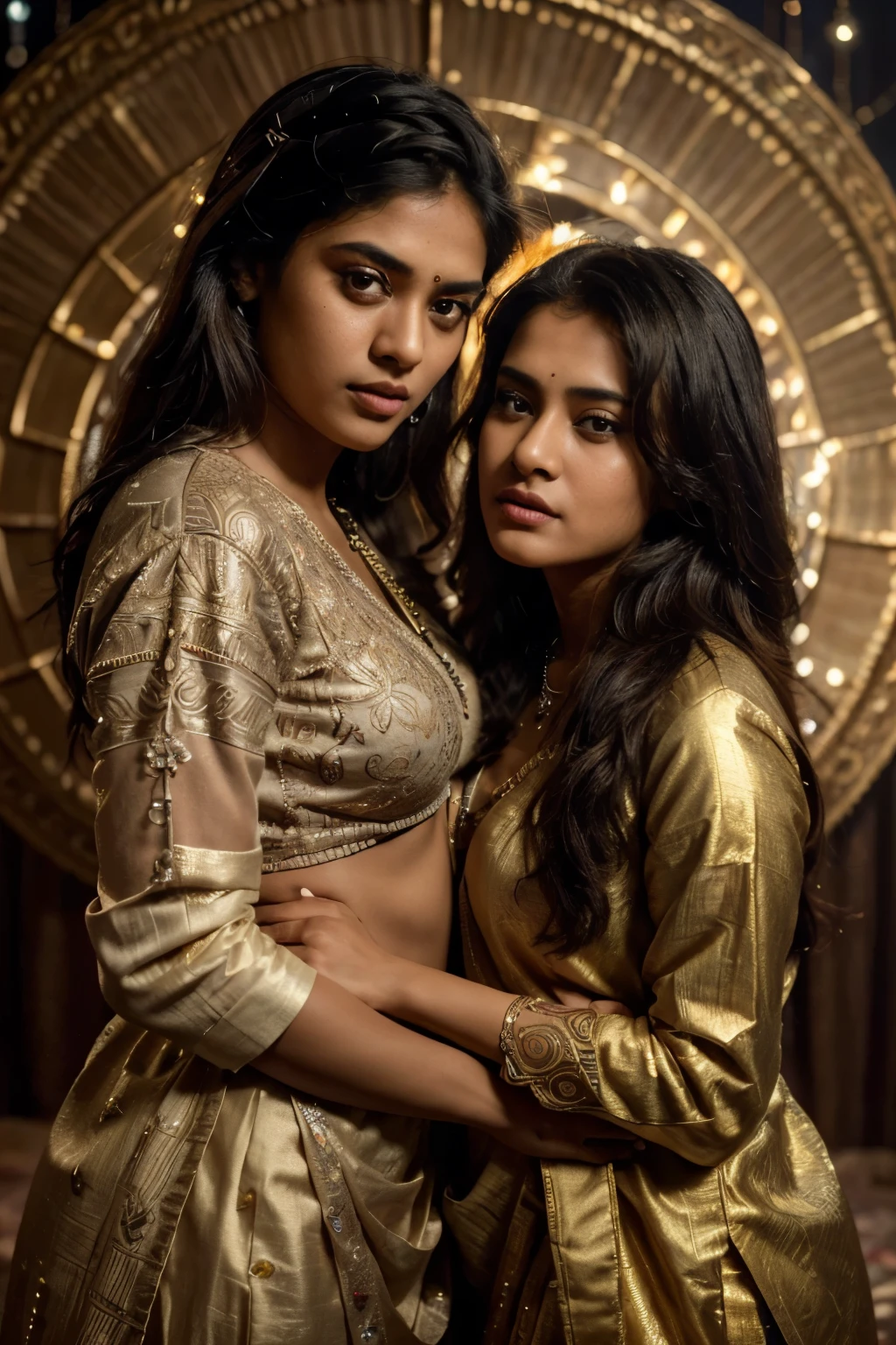 (Editorial photograph of the Indian actress Nia Sharma and Avneet Kaur, both radiating energy and vibrancy,
Wearing worn-out clothes with intricate details, enhancing their unique charm: 1.3,
Natural big lips and highly detailed faces, capturing every essence of their beauty: 1.4,
Set against a background inside a dark, moody, and private study, illuminated by studio lights: 1.3,
Shot in 8K UHD, with the highest DSLR quality and cinematic lighting, creating mesmerizing bokeh: 1.3,
An award-winning and incredible masterpiece, skillfully