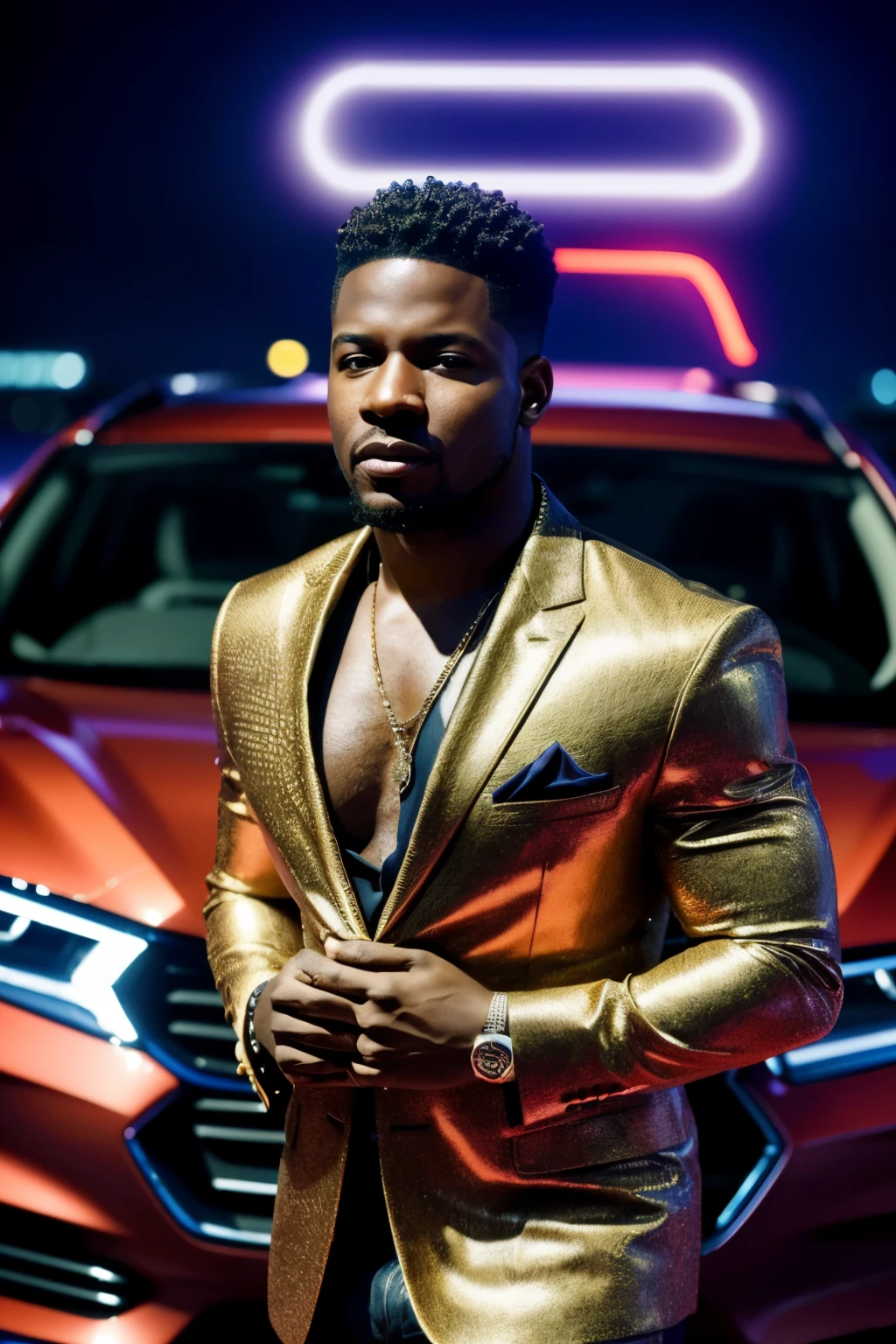 (best quality,ultra-detailed),(realistic:1.37),African American singer artist arrested in front of a luxury car,very handsome,illustration,portrait,sharp focus,vivid colors,studio lighting,highres,bokeh