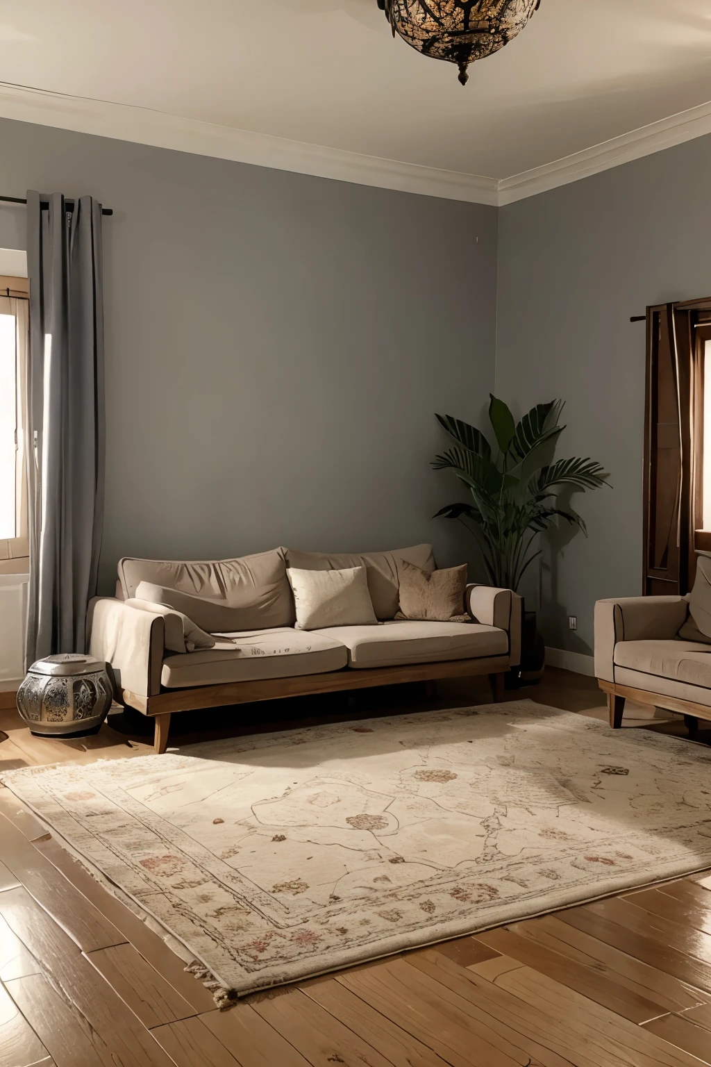 Create a background image of a Moroccan living room suitable for iftar. The scene should depict traditional Moroccan decor with a modern twist, featuring light grey colors and contemporary furnishings. Ensure that the background includes elements such as a rug on the floor, traditional Moroccan lamps, and a picture on the wall with the name of Allah. Emphasize natural light in the room to enhance the ambiance. Avoid close-up shots of people and focus on capturing the overall atmosphere of the room