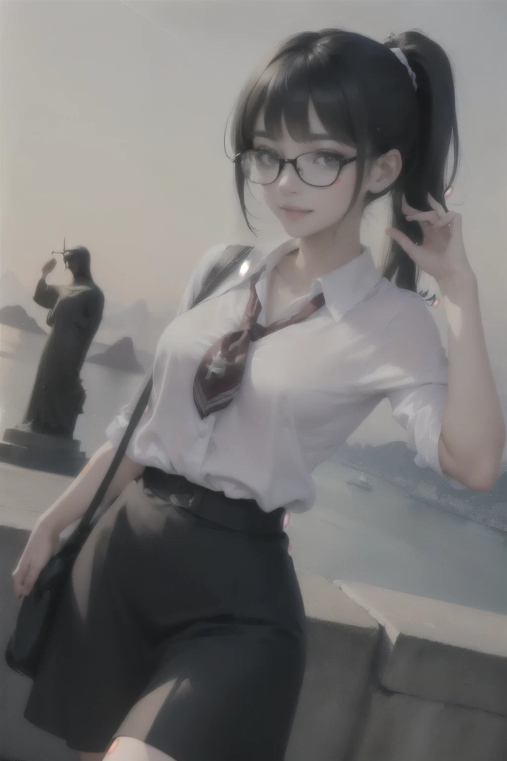 ((wide angle)) beautiful female tourist, Black hair tied into a ponytail, smooth, wearing large glasses, Smiling mouth, ((Wearing a skull-style outfit)) morning light, Statue of Christ the Redeemer, Brazil