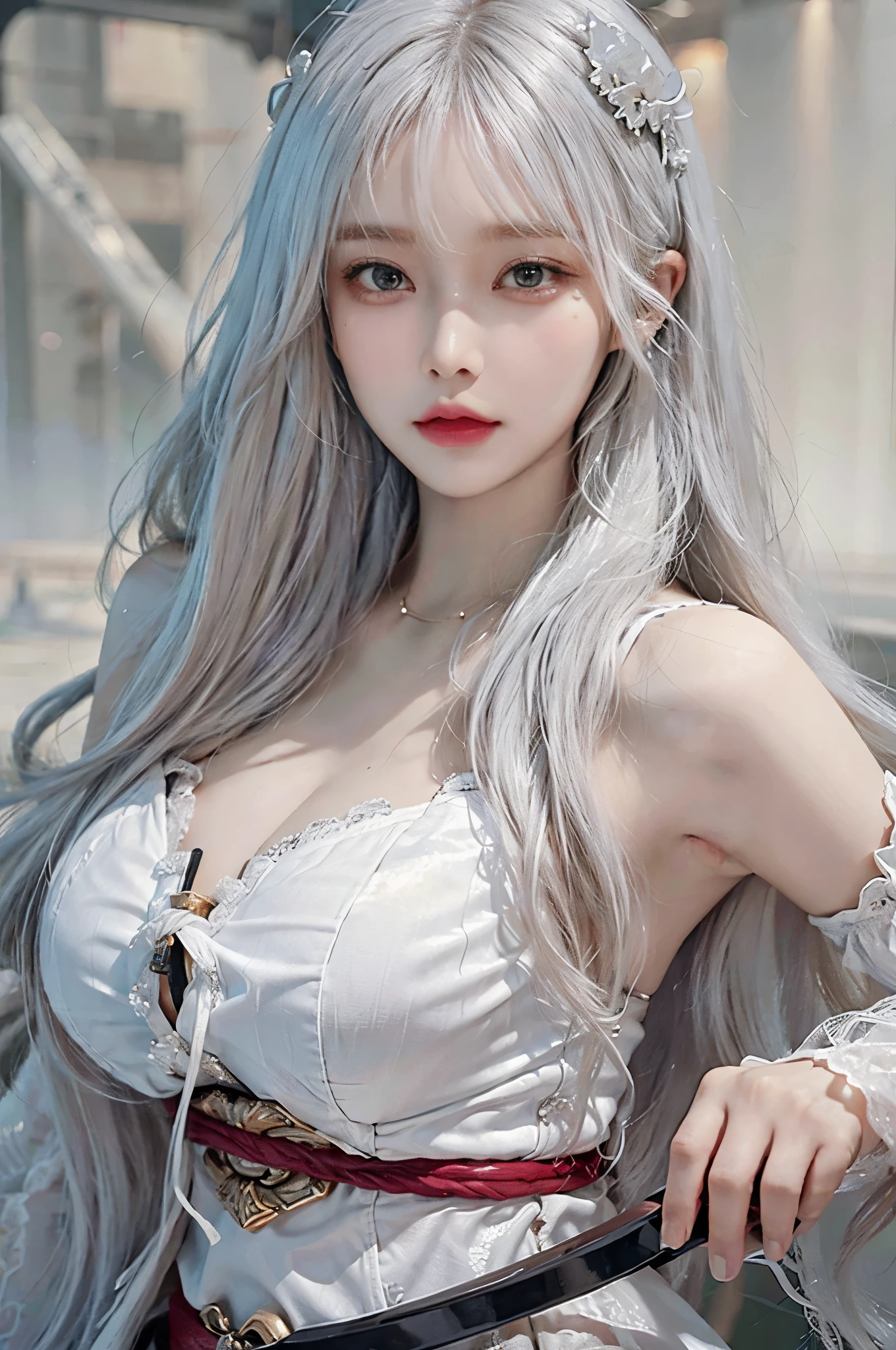 lifelike, High resolution, 1 female, alone, beautiful eyes, long hair, white hair, look at the audience, close lips, Detailed face, long hair, Hell Blade Set, martial arts style, huge saggy breasts,