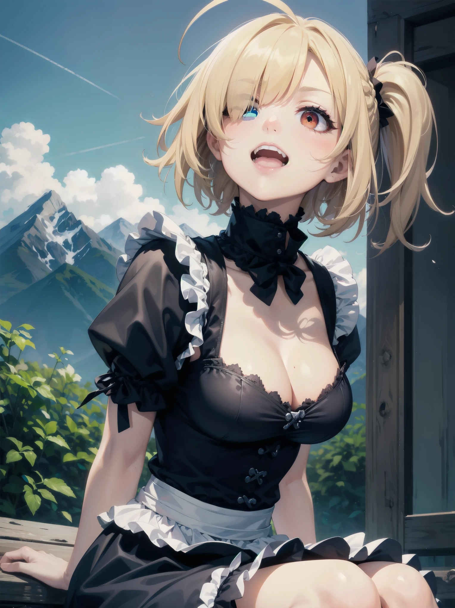 (Masterpiece: 1.2), (Best quality: 1.2), Perfect eyes, Perfect face, Perfect lighting, Mountain horizon, Beautiful girl like a boy, Blonde hair, Upper body, Cleavage, Red eyes, (((((One eye) hair)) )))), braids, side ponytail, blunt bangs, bob hair, ahoge, cute eyes, best bust, ((from bottom)), vivid description, scary, ahegao, smile + happiness , Teeth, Angry, From the Side, Gothic Maid, Sitting, Arms Folded, (Looking Up: 1.3),