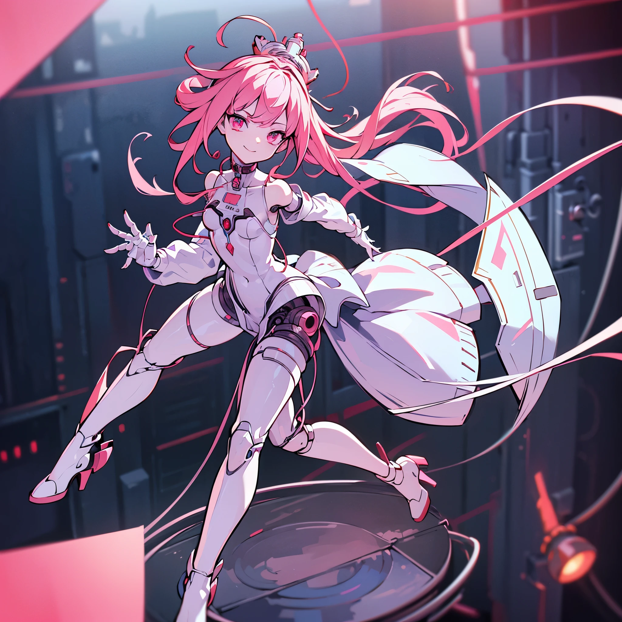 (((masterpiece))), (((Best Quality))), ((Ultra-detailed)), (High Definition CG Illustration), ((extremely delicate and beautiful)),((1mechanical girl)),solo, Full body, Long hair,(Machine-made joints:1.2),((mechanical limbs)),(blood vessels connected to tube chemical vertebra attaching to the back),((mechanical cervical attaching to neck)),A smile,(wires and cables attaching to neck:1.2),(wires and cables on head:1.2)(Character Focus),highly detailed, Colorful, highest details, Cyberpunk hacker girl, Dowdy Hoodie, Long sleeves, Costume based on pink, Chestnut twin-tailed hair, high heels boots, Digital Painting, 8K High Resolution, trend art station, Whole body, Mechanized limbs, (((white background)))
