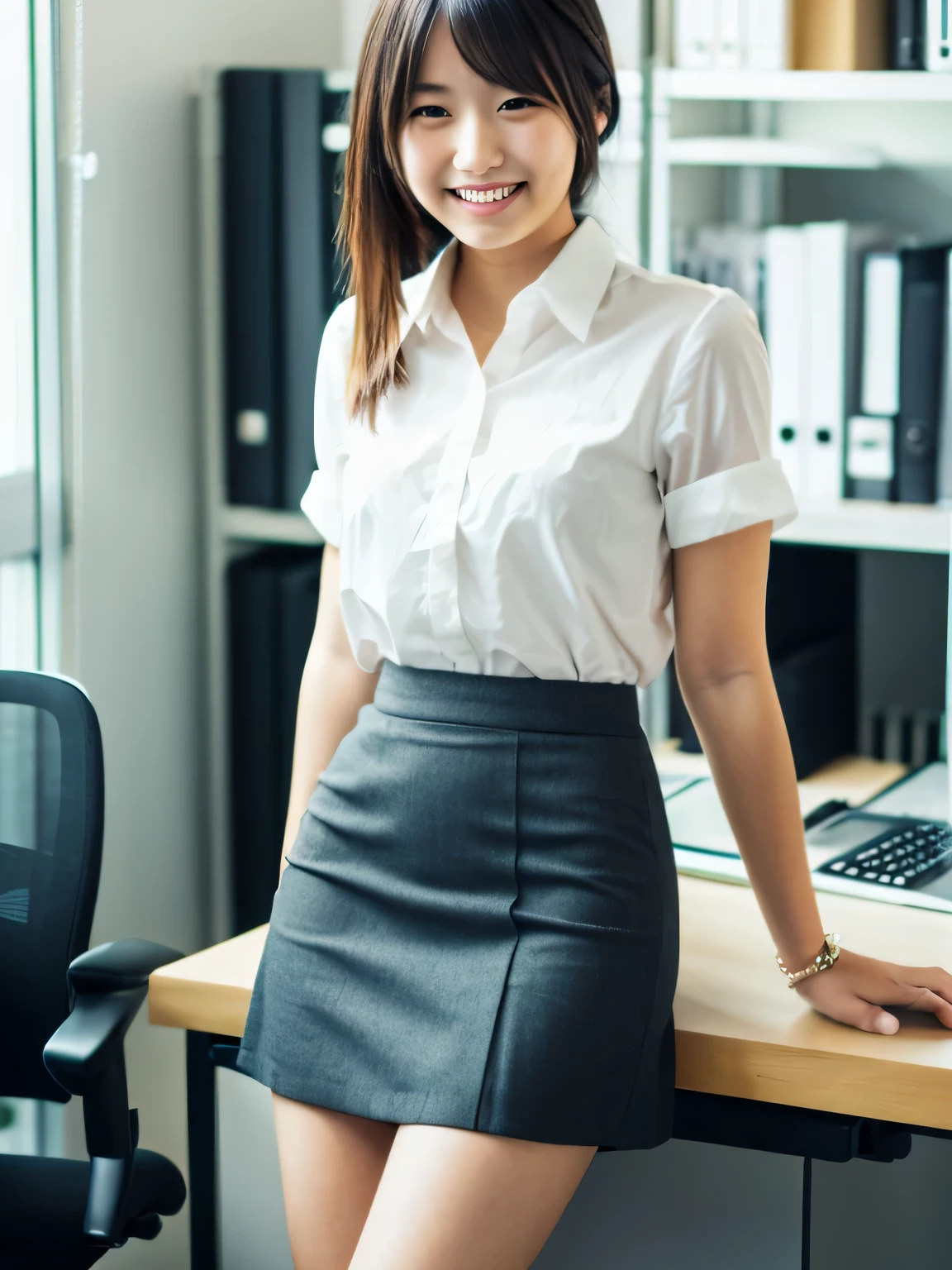 (masterpiece:1.2), super high quality, japanese girl, (Super realistic), (Super Photo Style), 1 girl, sexy 18 year old girl, slender body, thin thighs, At the office, Fashionable hairstyles, laughter, skirt, shirt,