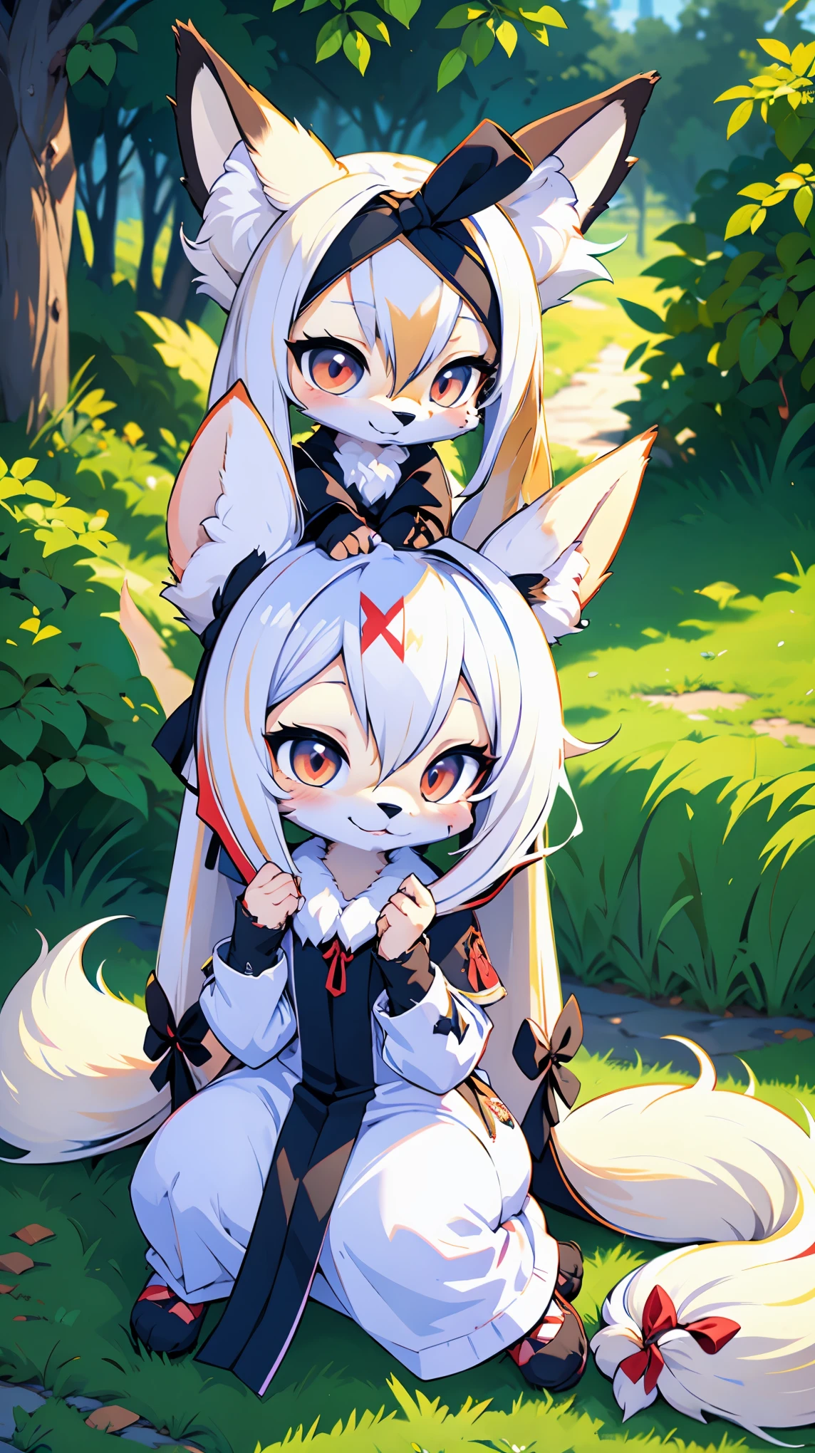 Luxurious medieval fantasy outfit,,Height: 120cm,sitting,(dog ear),furry,4k,8k,((long white hair:1.7)),(chibi:1.5),cute,female,mountains,reach out your hand,Super high quality,ultra-fine painting, sharp-focus, physical based rendering, extreme detail description, Professional,(white long dress),heart shaped pupils,(big black ribbon on head:1.5)