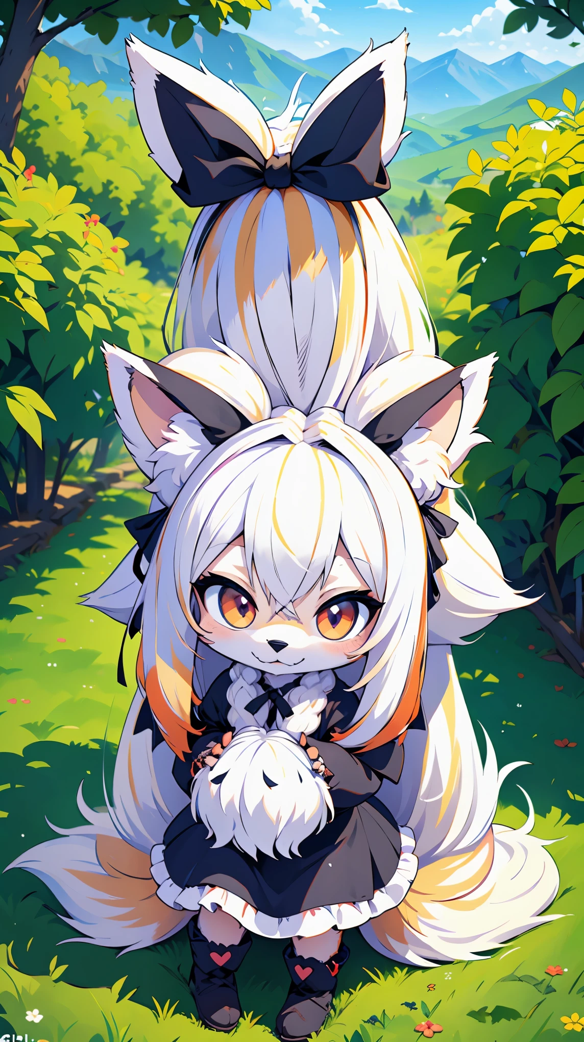 Luxurious medieval fantasy outfit,,Height: 120cm,sitting,(dog ear),furry,4k,8k,((long white hair:1.7)),(chibi:1.5),cute,female,mountains,reach out your hand,Super high quality,ultra-fine painting, sharp-focus, physical based rendering, extreme detail description, Professional,(white long dress),heart shaped pupils,(big black ribbon on head:1.5)