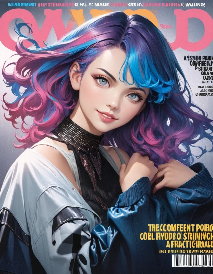 Magazine Cover, aesthetic, mad-magazine-cover, (a girl with) vibrant colorful hair, striking pose, stylish clothes, confident smile, dynamic background, (high fashion),(realistic),(studio lighting), (best quality,4k,highres), (portrait)
