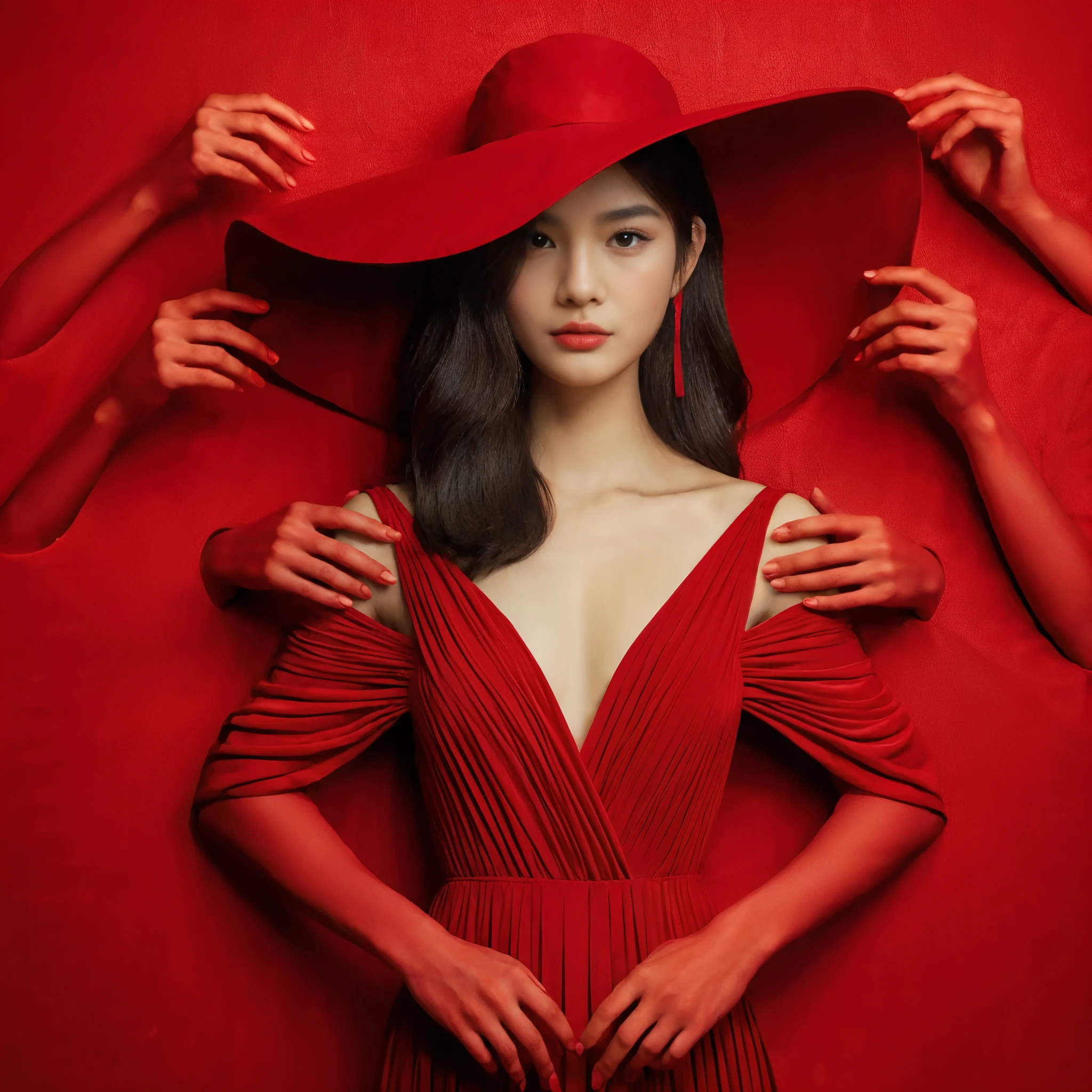 surealism style, a beautiful asian woman in a red dress, wearing a big red hat on the right, the dress is made of red background, the dress blends with the background, looking up poses,
in a clever use of negative space style, I can't believe how beautiful this is, the light from the front, the red background,
high contrast, photo studio, sharp, detailed and intricate shapes --ar 29:43 --v 6.0
