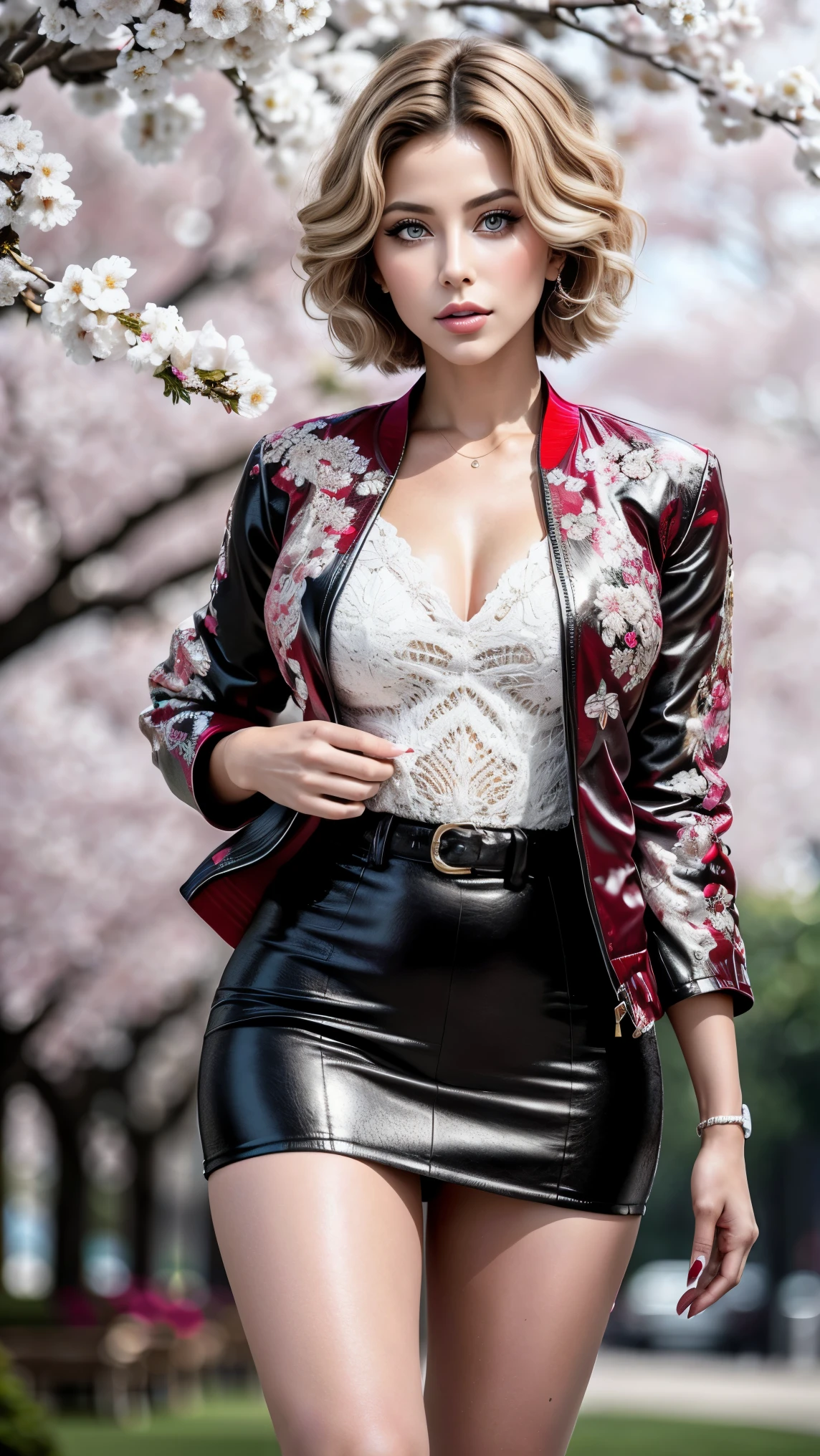 (Highest resolution),(the most absurdity quality),(masterpiece),(sharp focus),(top quality),(Photorealistic),(hyperrealistic),(The best high quality leather with real texture:1.4),((woman with black skin)),(best quality hair texture:1.4),Beauty, mixed with girl(((Madison Ivy)))[[Jessica Alba]] in 1 girl:1.4 20 years,I look at the viewer,cinematic,dark,muted colors,shale atmosphere,(super beautiful face),(realistic face),absurdity(ultra detailed eyes), finely detailed face,finely quality eyes,(tired and sleepy and satisfied:0.0),realistic eyes,perfect round eyes,Finely detailed pupils,(brown_eyes:1.3),Detailed lips:1.3,pink_draw up:1.3,long blue_Eyeliner:1.15,(red_pomade:1.32),perfect dark_eyeshadows:1.35,there is a close-up of a woman,(super detailed draw up on eyes:1.3),iridescent eyes,with professional draw up,vibrant eyes:1.1,(Detailed nose:1.2),((Short blond hair ((moved to the side)) extremely detailed:1.3)),((outside,garden of blossoming cherry trees:1.3)),((super extravagant ((cut the jacket)) wear:1.51)),small head:1.4,(Short skirt, wrapped at the hips),/(you are random%you&#39;re top:1.13),/Exquisite balance of shadows,perfect composition,(Above the knee shot:1.3),look at the viewer,(from below:1.3),((show off your high naked thighs:1.3)),Hasselblad, 85 mm f/4.0
