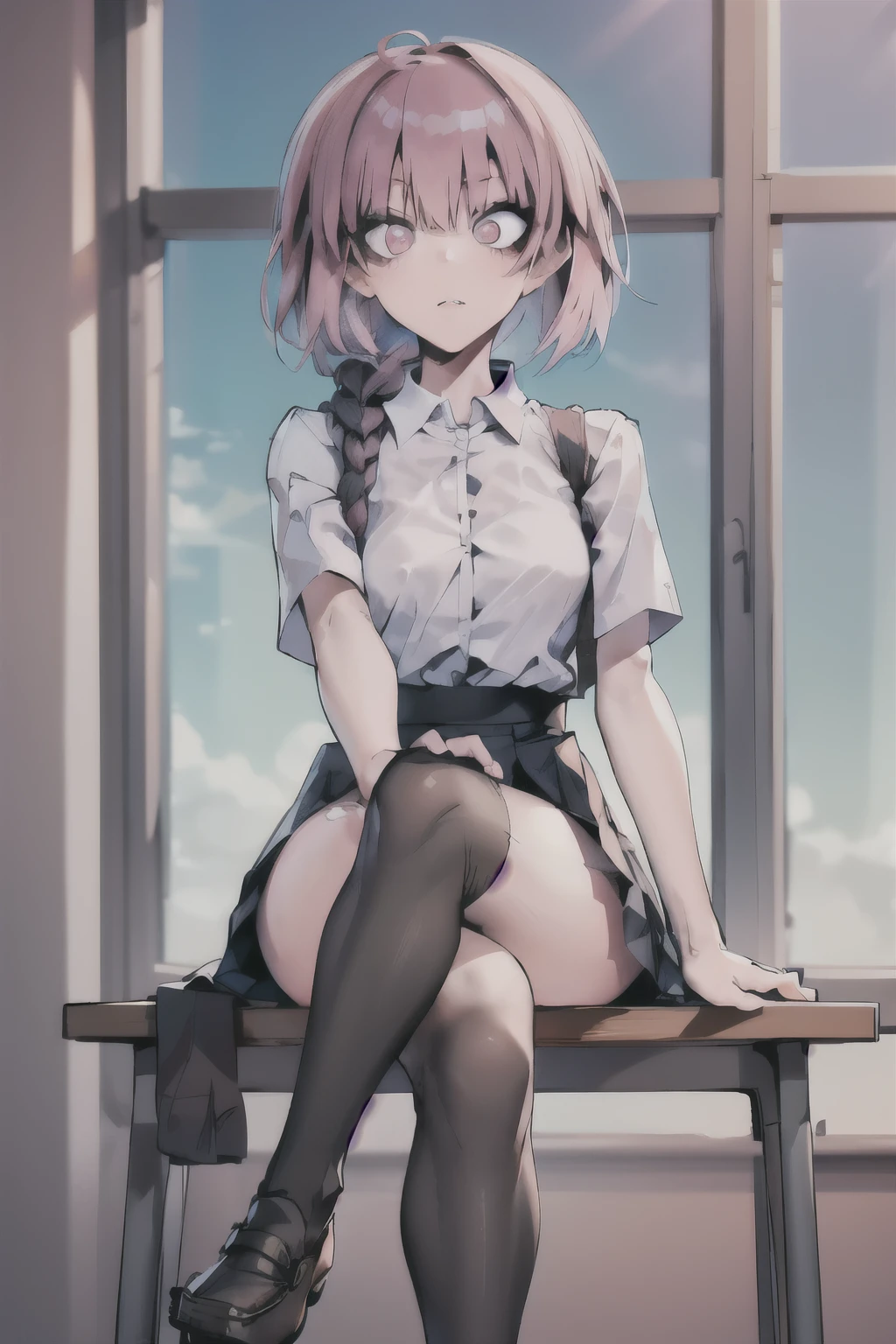 (masterpiece:1.2, best quality), 1 lady,cute action， Black over-the-knee socks，alone, , classroom, sky, sit, pink short hair, Single twist braid, pink eyes,loafers ，open collaboration,