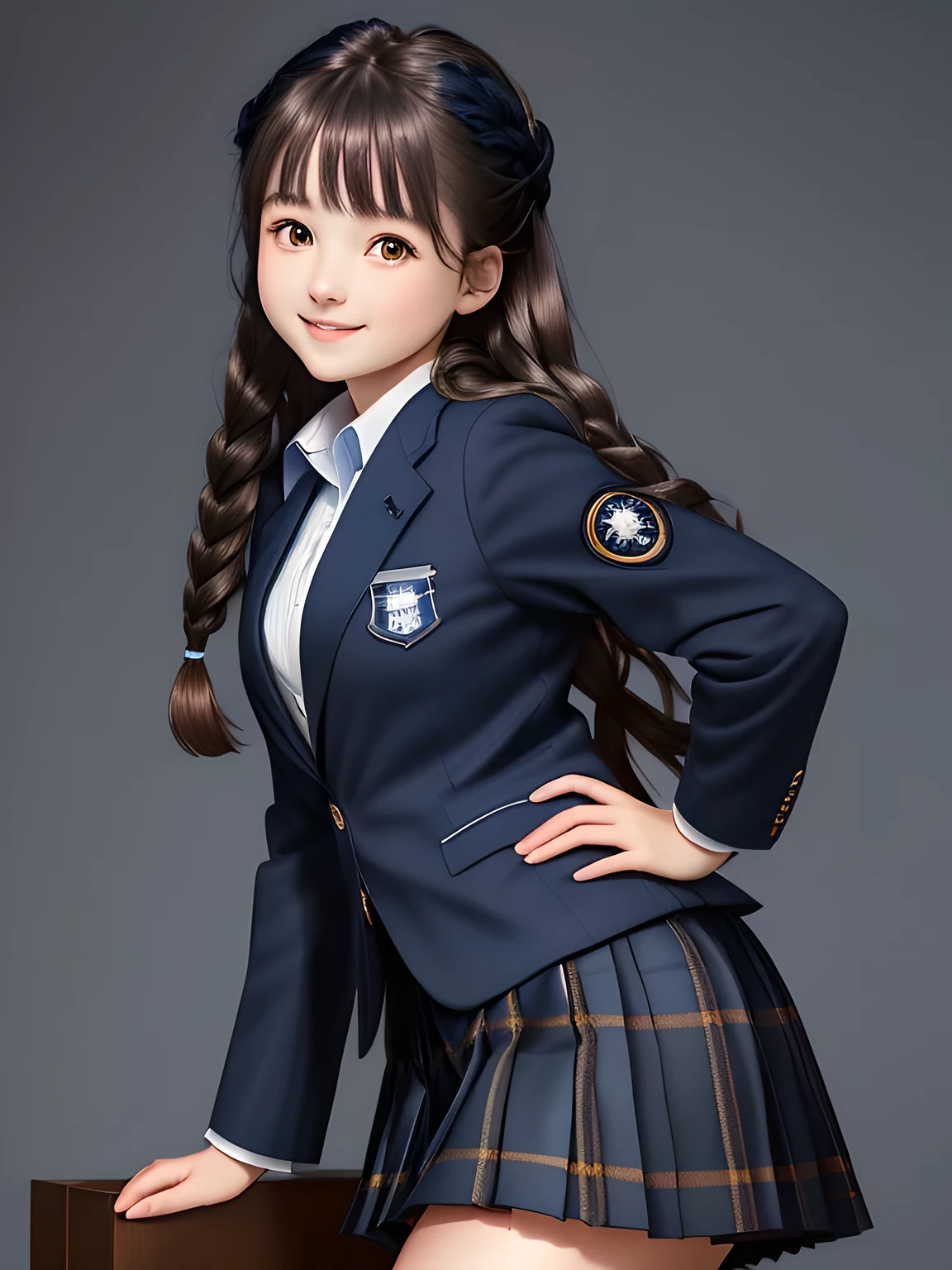 (((18-year-old & smart japanese girl))), Very beautiful portrait, realistic cute girl drawing, amazing digital paintings, elegant digital paintings, baroque digital painting, detailed beautiful portrait, ((big brown eyes)), ((((Dark Blue Blue Blue and Navy Navy Check Long Pleated Tartan Check Long Skirt)))),((((dark blue school blazer with emblem)))), (((Dark brown twin tight braid hairstyle))), ((only looking at the viewer)), ((Transparent pure white skin)), ((very white skin)), ((very curly bangs)), ((long eyelashes)), (((close your eyes and smile))), ((put your hand on your chest)), ((thin downward eyebrows)), white background, ((shot from the side)), ((((droopy eyes)))), ((thin body)), ((fat face))