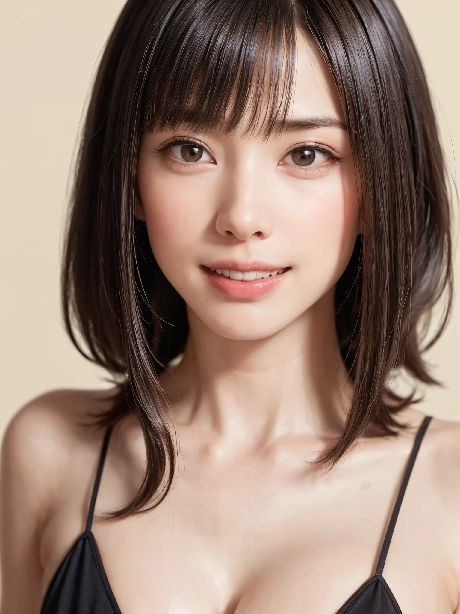 (table top, highest quality、ultra high resolution、face focus focus、focus on the sides、navel focus、decolletage focus、very attractive beauty、Add intense highlights to your eyes、look closely at the camera:1.4、Absolutely beautiful bangs:1.4、Brunette short bob hair with bangs:1.4),1 girl, Report, black haired, realistic, looking at the viewer, pale black eyes, short hair, lips, lip gloss, Upper body、Big eyes、eyelash)、((italian natural background、hyper real stick:1.4))、((short hair with bangs:1.4、Beautiful bangs with 46 points:1.4、{Huge|big|Hugeな|mega} chest:2, cleavage:2、Big eyes、Give students very powerful highlights、very bigger chest、look at the audience、very beautiful beauty、show me your ears、beautiful long neck、beautiful decollete、smile、A smilee　beautiful teeth、Open your mouth and smilee))、28 years old、very cute super model、perfect anatomy