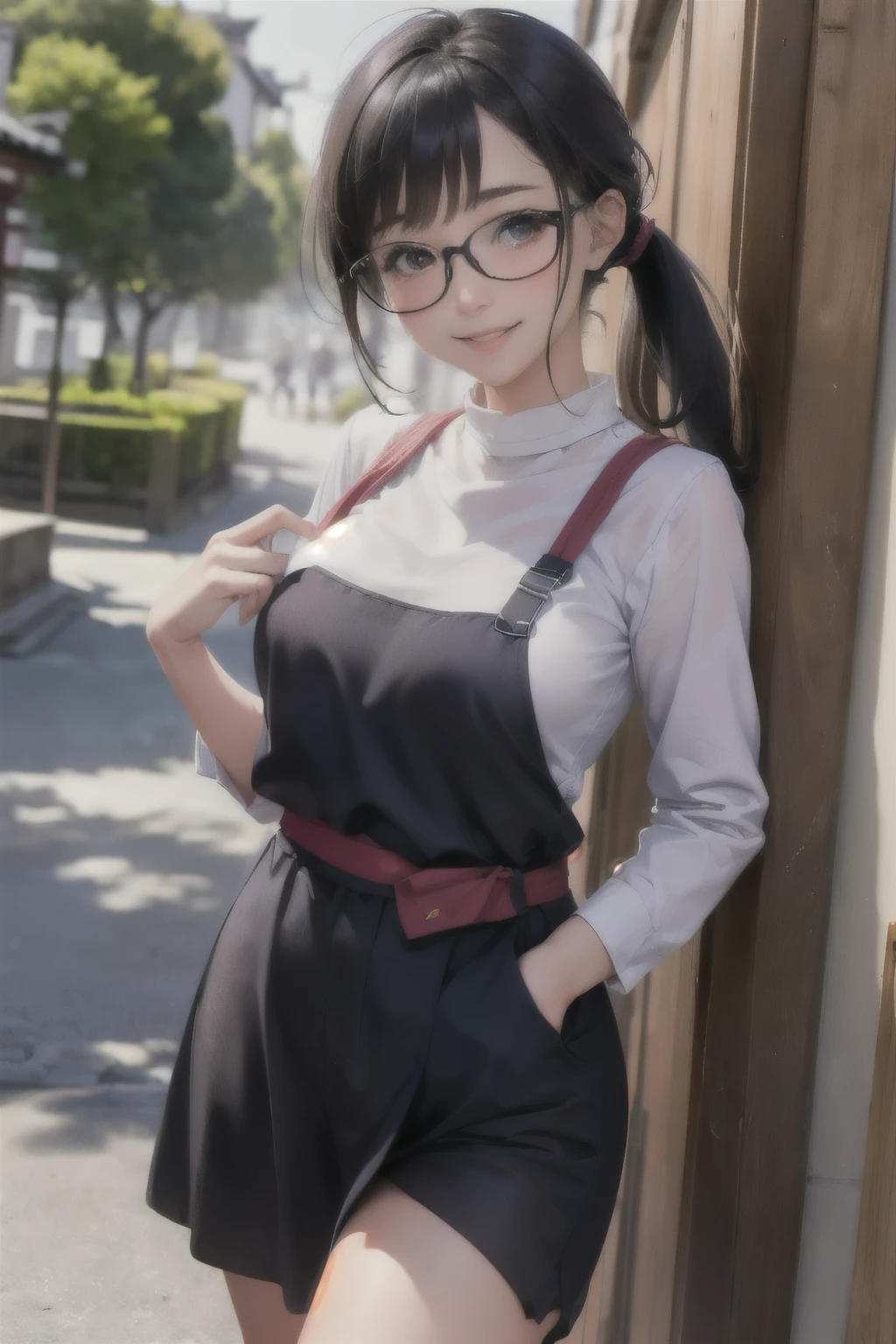 ((wide angle)) beautiful female tourist, black hair tied in a ponytail, bangs, wearing large glasses, smiling at the corners of the mouth, ((wearing a preppy style outfit)) morning light, Shirakawa-go Japan