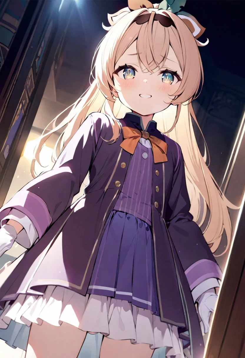 Masterpiece、Highest quality、highest quality、((((Petite))))、(smile)、Shiny hair quality、Small face、Dynamic pose、Super detailed, beautiful, wide eyes、Ultra-detailed, clear and beautiful faces、(cute illustration:1.2), High-resolution, ultra-detailed, best quality, embarrassed、Hand gestures,Thighs