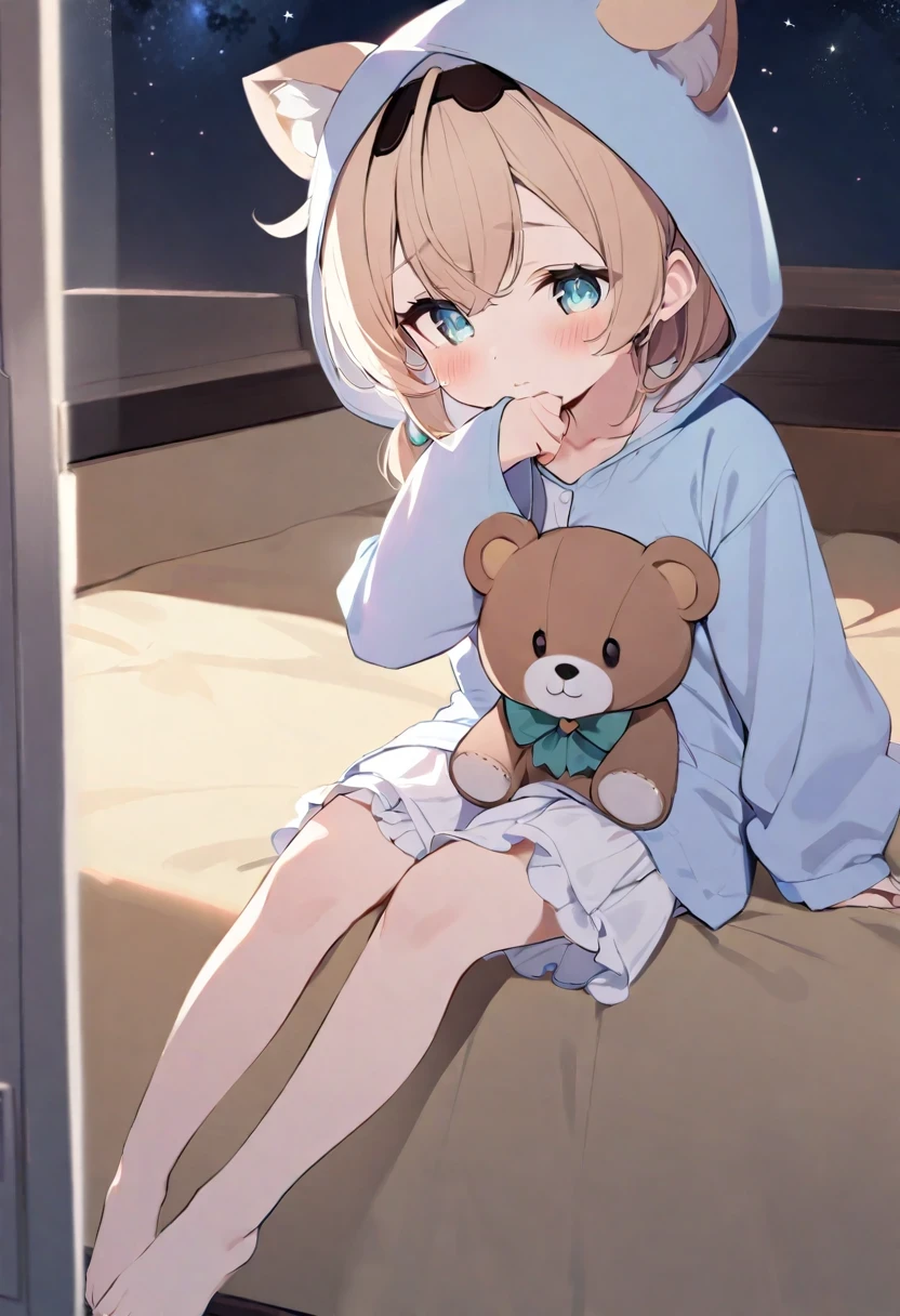 Kazama Iroha/(Holo live/),( girl:1.4), alone, whole body, sitting, dynamic angle, white hair, flat chest, frilly, 3 years, brown hair, long hair, night, starry sky, dark, Sleepy, Want sleep, animal ear muffs, hugging teddy bear, cover breasts,Shy, blush,A littlein pajamas hugs a large stuffed animal, with a Shy expression on her face, in a bedroom setting, The composition should exude a blend of sensuality and innocence, Background should be visually appealing,