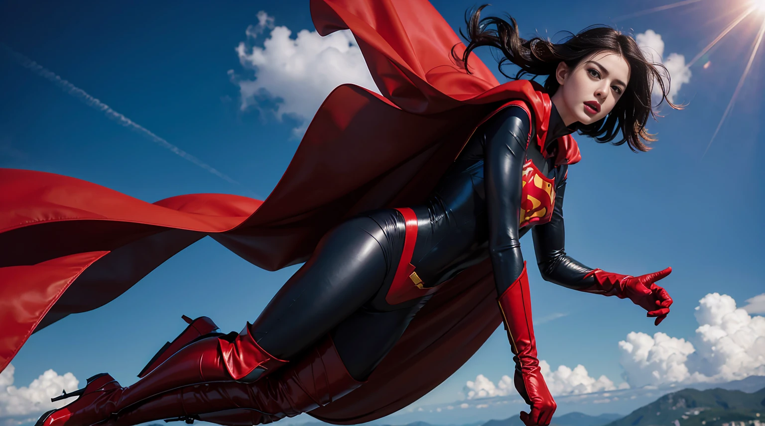 Anne Hathaway wearing detailed and glossy SuperMan costume with full sleeves covering the entire body, short black hair, serious face, (flying in sky), vivid colors, dramatic lighting, red cape, cinematic costume, carbon fiber detailed suit,red boots,red over-the-knee boots,long legs，slender legs，full budy picture
