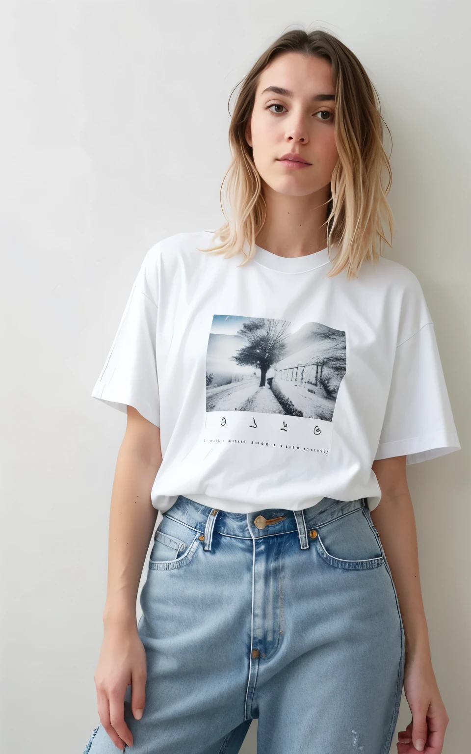 generates a selfie&#39;une fille blanche artiste influenceuse instagram, avec des cheveux bruns et qui est jeune, qui a une pose très commune et les couleurs sont gaies, which has realistic details, elle est habillée d'un t-shirt blanc large et un jean baggy