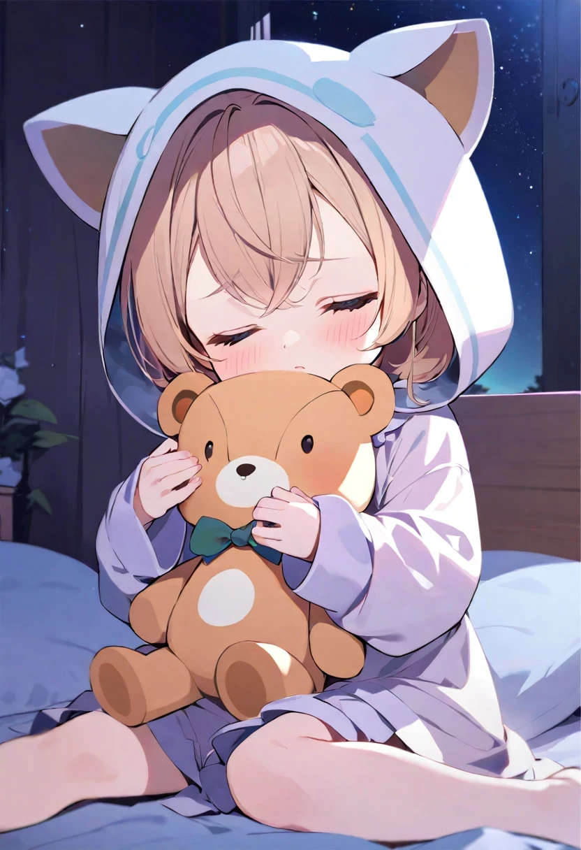 Kazama Iroha/(Holo live/),(little girl:1.4), alone, whole body, sitting, dynamic angle, white hair, flat chest, frilly, 3 years, brown hair, long hair, night, starry sky, dark, Sleepy, Want sleep, animal ear muffs, hugging teddy bear, cover breasts,Shy, blush,A little girl in pajamas hugs a large stuffed animal, with a Shy expression on her face, in a bedroom setting, The composition should exude a blend of sensuality and innocence, Background should be visually appealing,