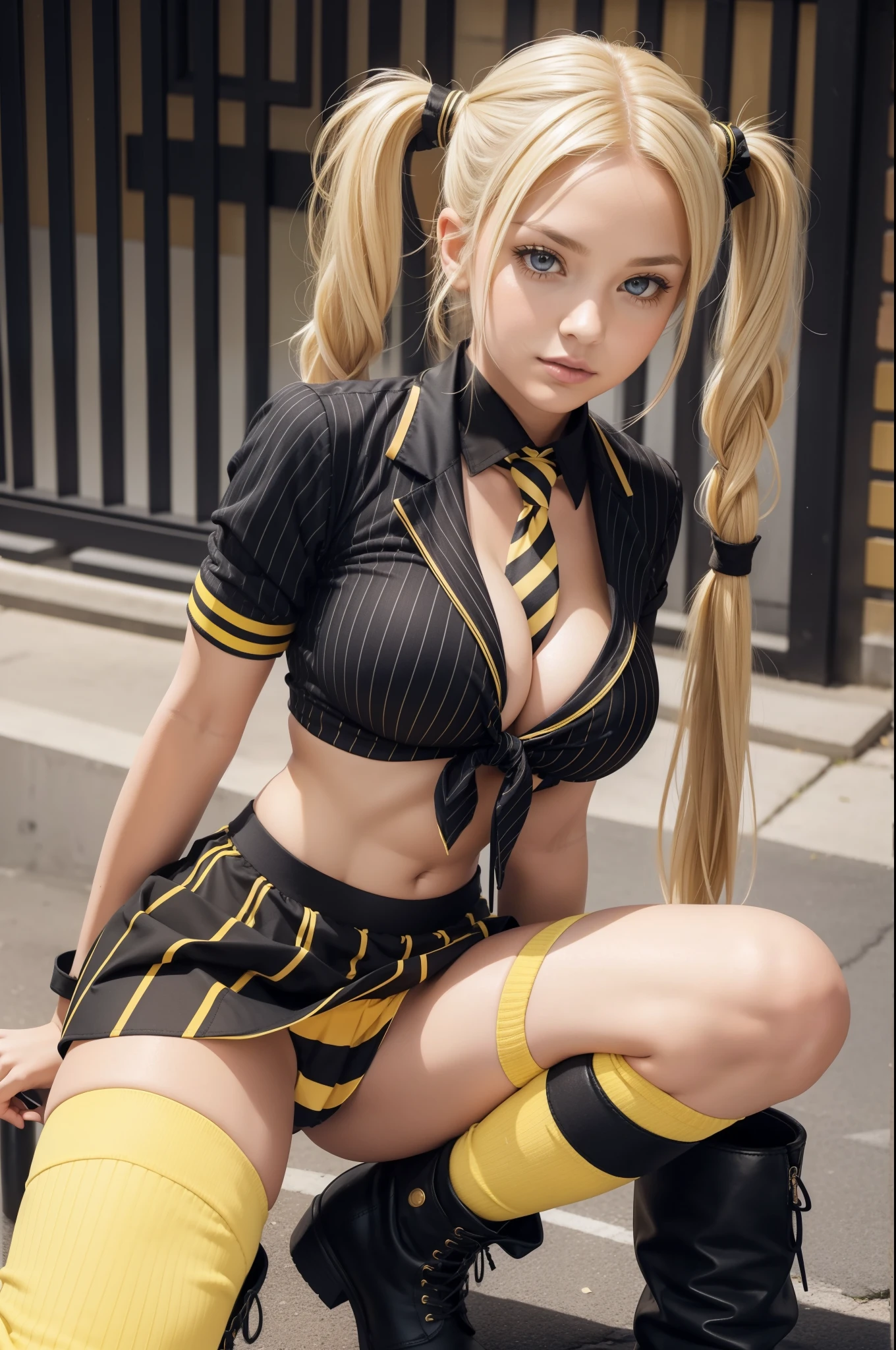 blonde woman, pigtails, midriff, short skirt, tight top, tie, striped socks, heavy boots, yellow and black, cleavage