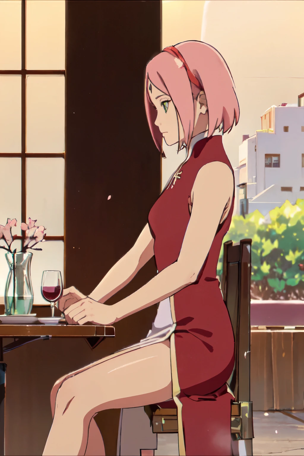 Madura sakura haruno, small breasts, piernas delgadas, (piernas abiertas),(wearing a bright red satin dress), (Vista de perfil derecha mirando al horizonte.), (zapatillas rojas), (sentado en una mesa de billar), (Con una copa de vino), (with a melancholic and thoughtful look), (con cabello suelto y ondulado), (in a garden full of cherry blossoms), (with soft golden lighting).