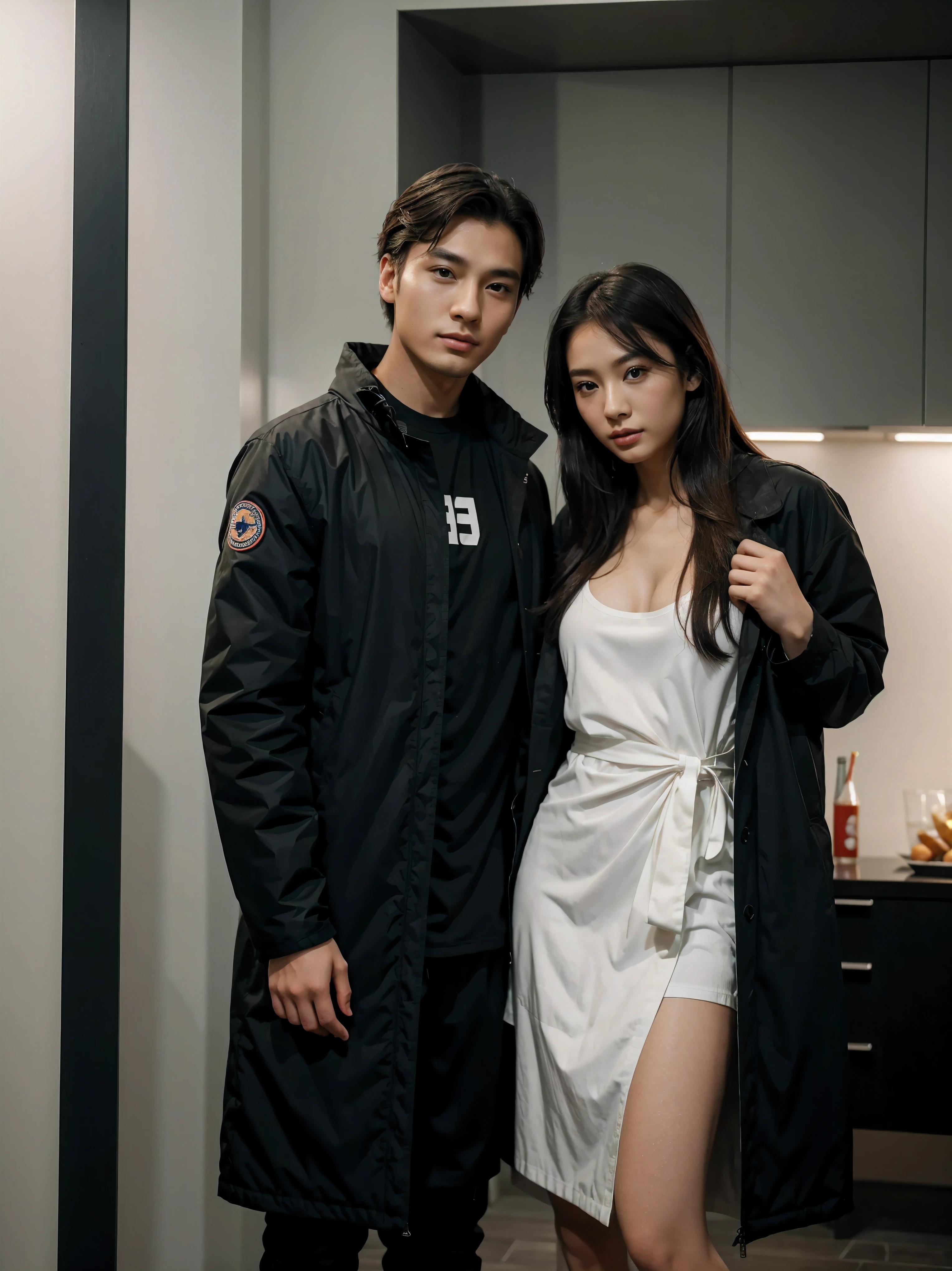 a man and a woman standing next to each other at a Party, an image, inspired by Adam Dario Keel, parka jacket, which is trending in the cg community, beautiful young Korean woman dressed in Long party dress movie screencap, model elisajes from acquamodels