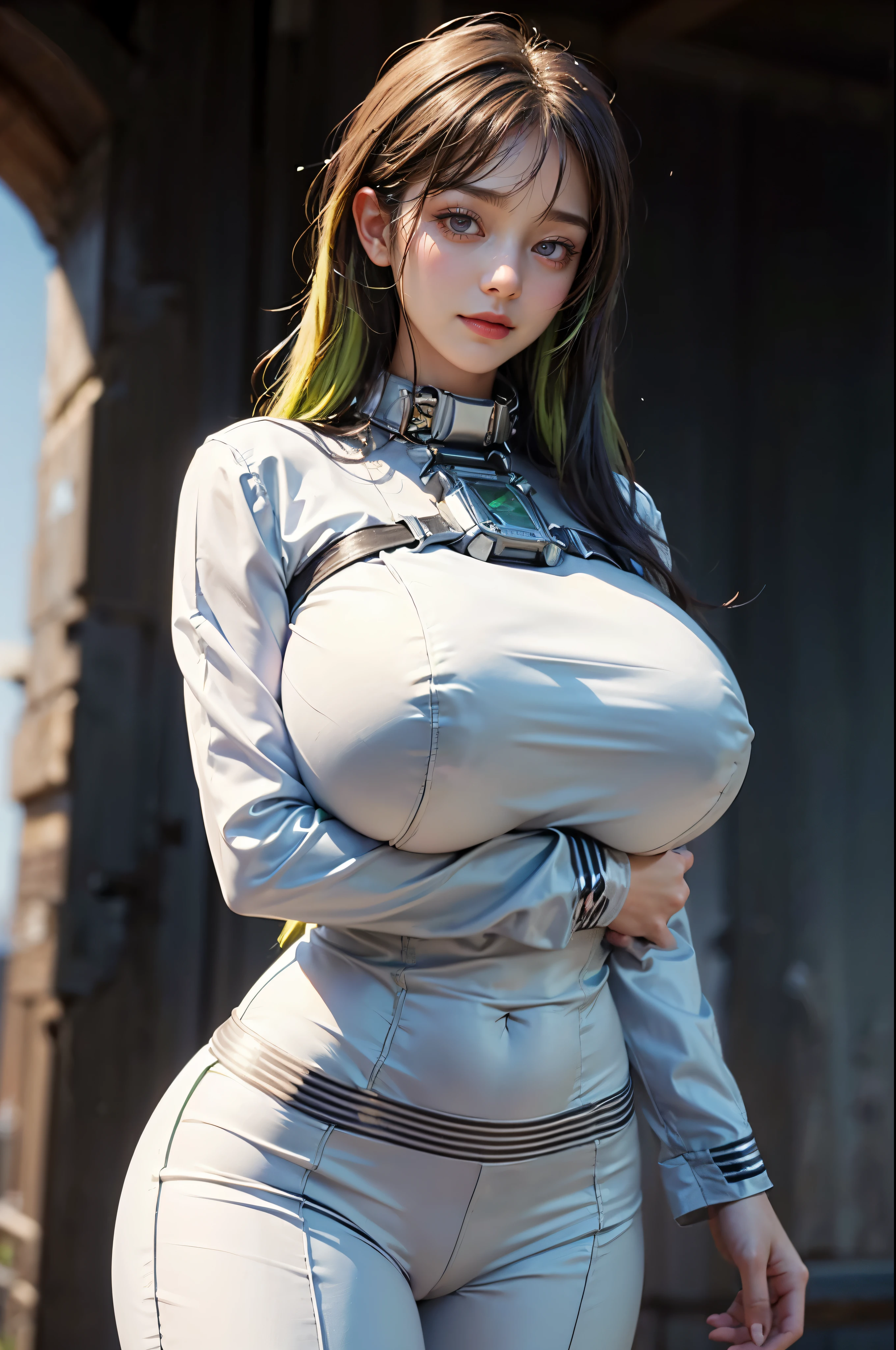 (guilty \(nikke\), white bodysuit, collar, two-tone hair, green hair, pink eyes), huge smile, abs, huge hips, narrow waist, (gigantic breasts:1.5), (depth of field:1.5), Hyperrealism, cinematic lighting, (full shot:1.5), (((masterpiece)))