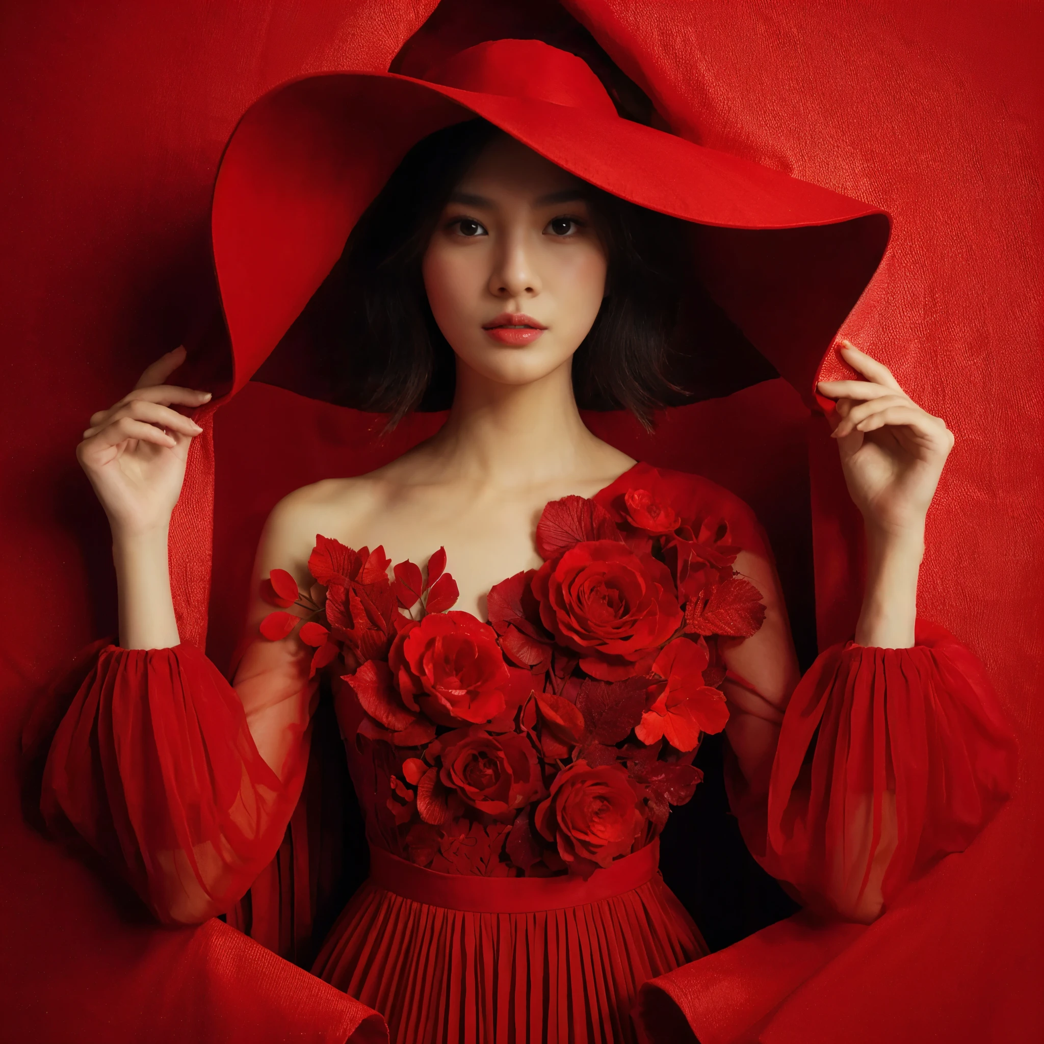 surealism style, a beautiful asian woman in a red dress, wearing a big red hat on the right, the dress is made of red background, the dress blends with the background, looking up poses,
in a clever use of negative space style, I can't believe how beautiful this is, the light from the front, the red background,
high contrast, photo studio, sharp, detailed and intricate shapes --ar 29:43 --v 6.0