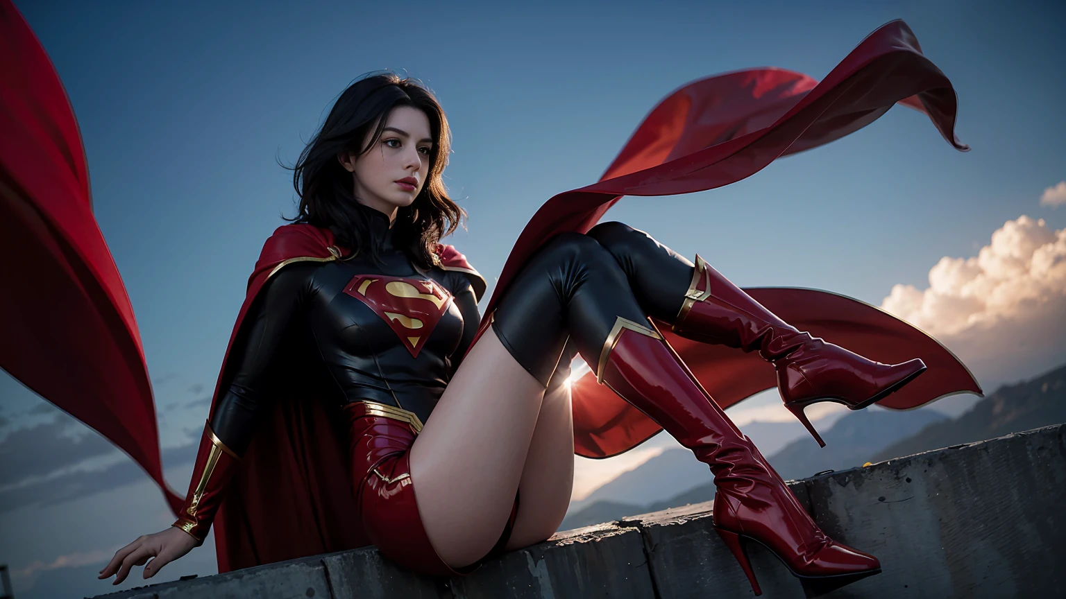 Anne Hathaway wearing detailed and glossy SuperMan costume with full sleeves covering the entire body, short black hair, serious face, (flying in sky), vivid colors, dramatic lighting, red cape, cinematic costume, carbon fiber detailed suit,red boots,red over-the-knee boots,long legs，slender legs，full budy picture