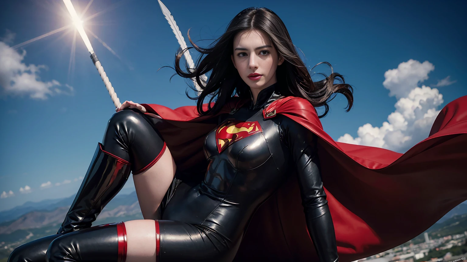 Anne Hathaway wearing detailed and glossy SuperMan costume with full sleeves covering the entire body, short black hair, serious face, (flying in sky), vivid colors, dramatic lighting, red cape, cinematic costume, carbon fiber detailed suit,red boots,red over-the-knee boots,long legs，slender legs，full budy picture