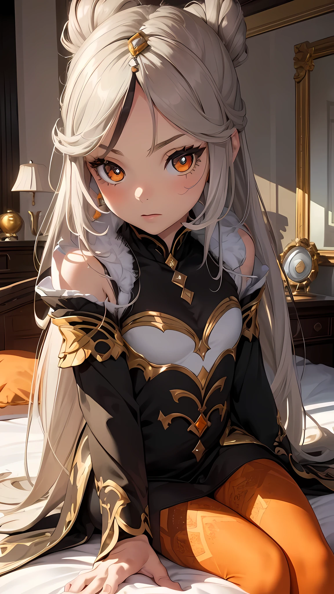 (masterpiece), best quality, expressive eyes, perfect face,(young child:1.5),(thigh gap 1.5),(grey hair),luxury bedroom,bed,lying on the bed,eyeshadows, eye liner,glistening eyes, hyper detailed eyes, intricate eyes, beautiful eye, ((glowing orange pupils)),(sleeping),gold furniture,shocked expression