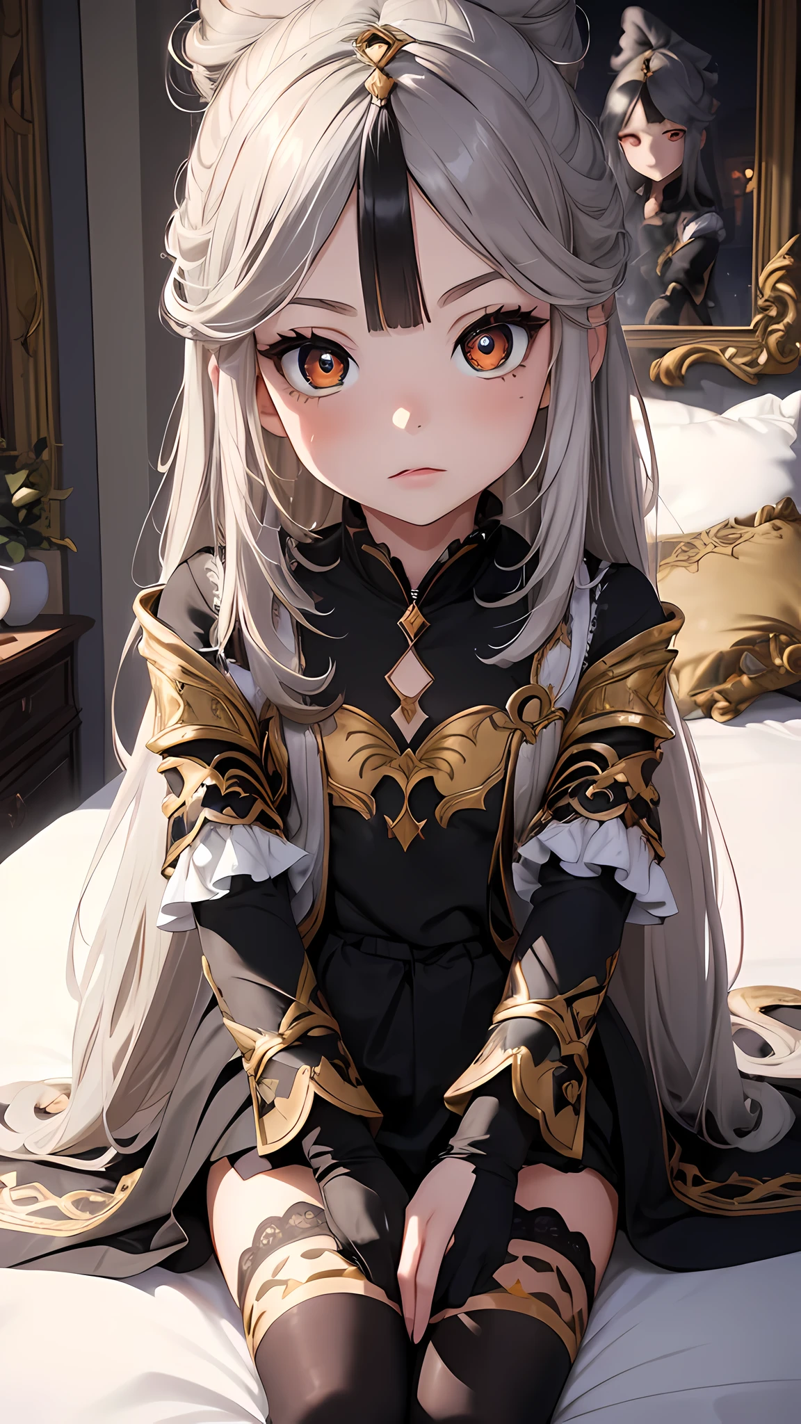 (masterpiece), best quality, expressive eyes, perfect face,(young child:1.5),(thigh gap 1.5),(grey hair),luxury bedroom,bed,lying on the bed,eyeshadows, eye liner,glistening eyes, hyper detailed eyes, intricate eyes, beautiful eye, ((glowing orange pupils)),(sleeping),gold furniture,shocked expression