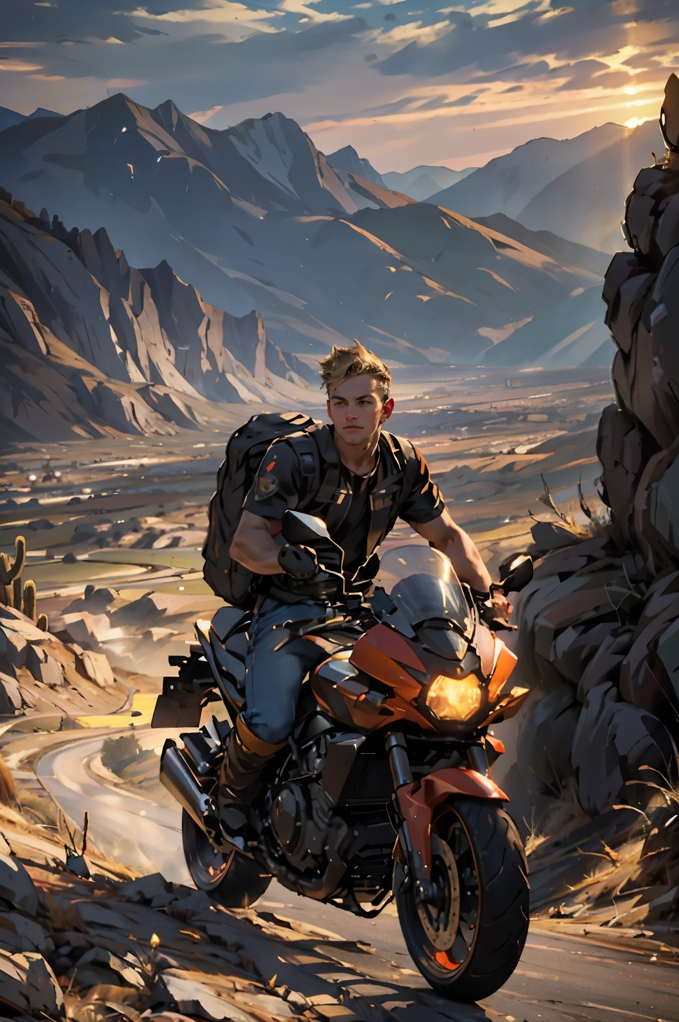 (a boy on a motorcycle on top of a mountain with great views of a desert, 2000s motorcycle, with a backpack on his back and wearing work clothes), (best quality, 4k, highres, masterpiece:1.2), ultra-detailed, realistic:1.37, HDR, studio lighting, extreme detail description, professional, vivid colors, bokeh, portraits, landscape, urban, vintage, warm tones, dramatic lighting