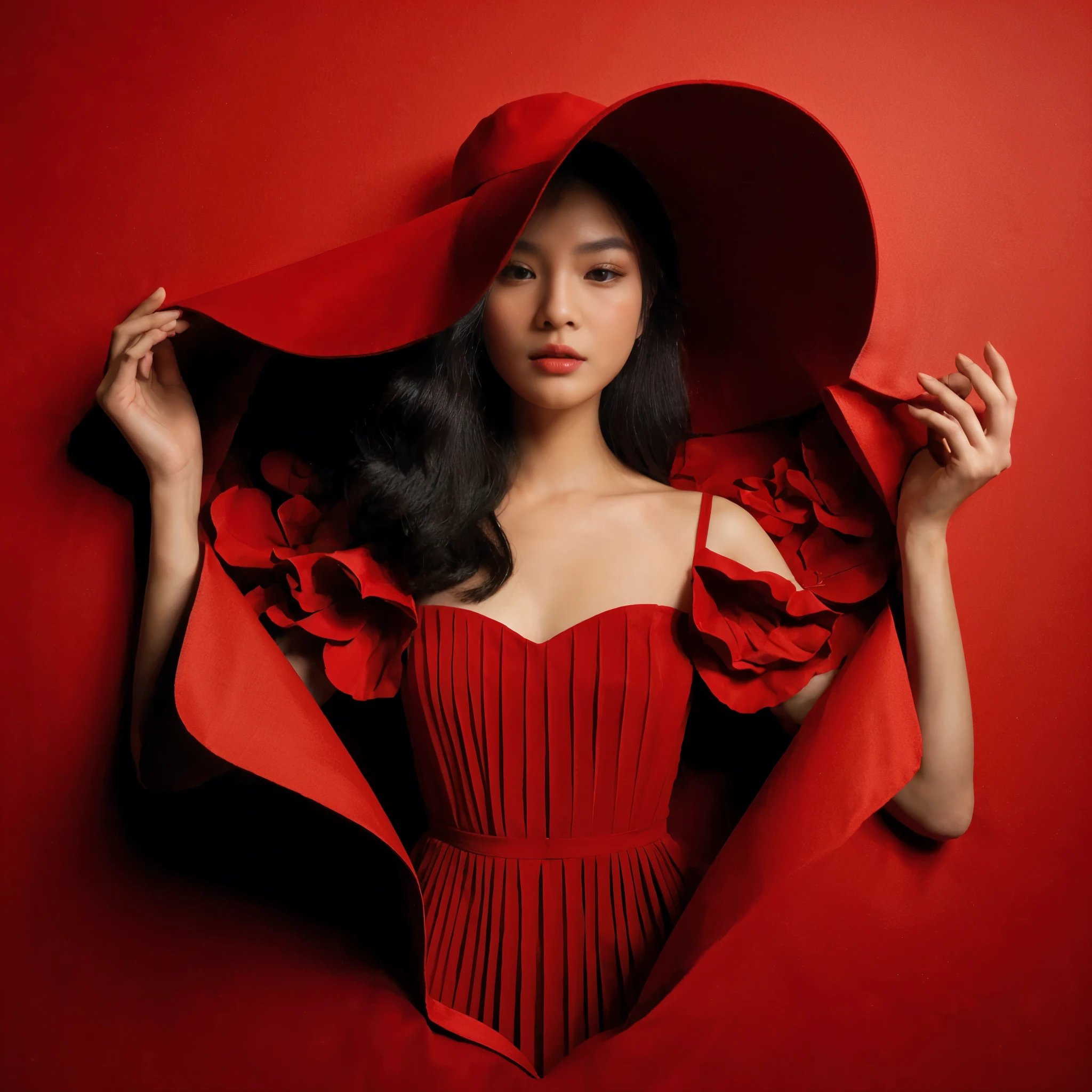 surealism style, a beautiful asian woman in a red dress, wearing a big red hat on the right, the dress is made of red background, the dress blends with the background, looking up poses,
in a clever use of negative space style, I can't believe how beautiful this is, the light from the front, the red background,
high contrast, photo studio, sharp, detailed and intricate shapes --ar 29:43 --v 6.0
