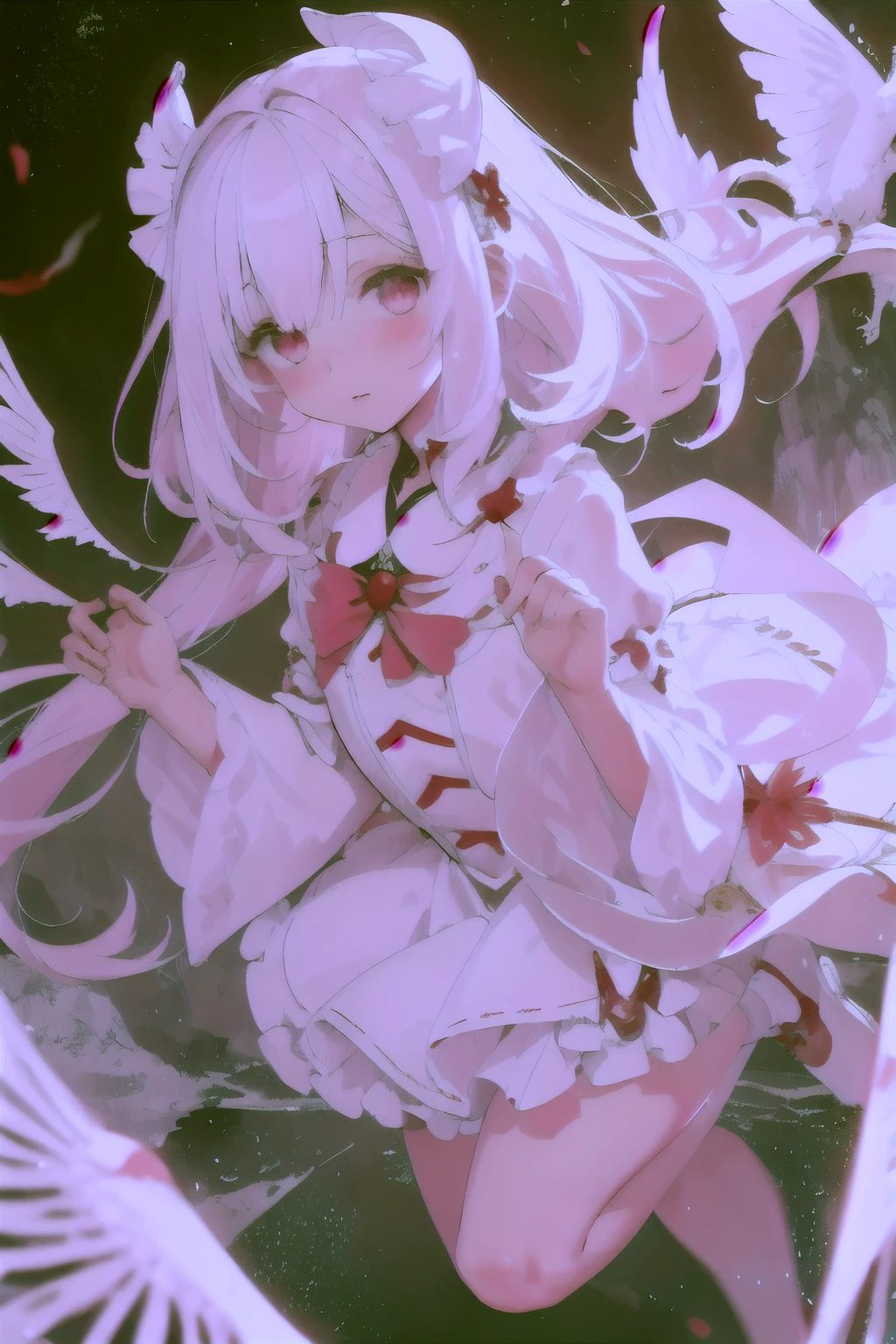 Beautiful illustration, Mejor calidad, cute , (transformation sequence), transform magical girl, chibi, white magical girl, fractal art, albino, cara de bebe, pelo largo de malla blanca y roja pura, hermosos ojos rojos detallados, cinematic lighting, tiro de vaquero, mirando al espectador, desde la parte inferior, feliz