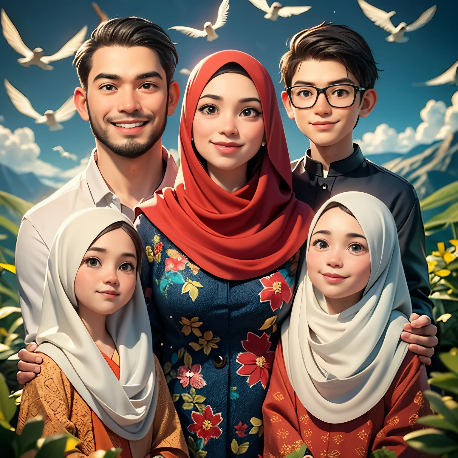 arafed family portrait with a mountain background and birds flying overhead, an indonesian family portrait, happy family, potrait, full protrait, family portrait, inspired by Nazmi Ziya Güran, realism artstyle, barong family, cartoon artstyle, close up potrait, high quality portrait, inspired by Oton Gliha, sakimi