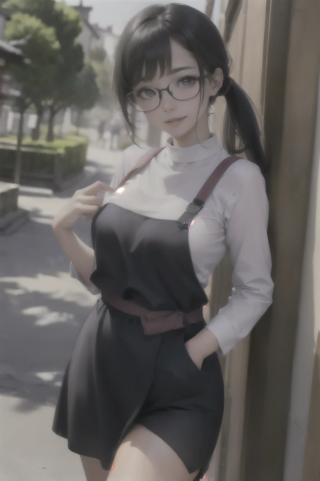 ((wide angle)) beautiful female tourist, black hair tied in a ponytail, bangs, wearing large glasses, smiling at the corners of the mouth, ((wearing a preppy style outfit)) morning light, Shirakawa-go Japan