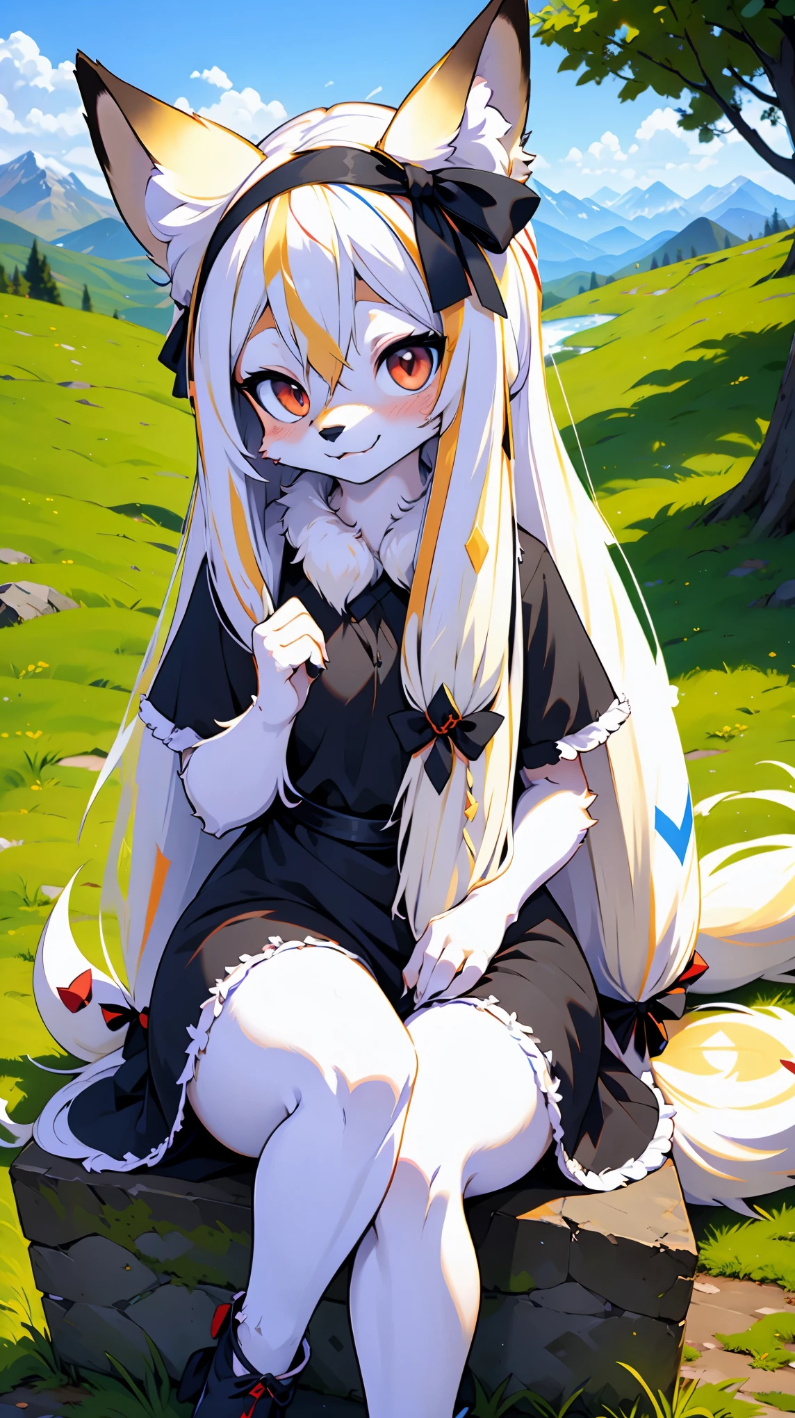 Luxurious medieval fantasy outfit,,Height: 120cm,sitting,(dog ear),furry,4k,8k,((long white hair:1.7)),(chibi:1.5),cute,female,(beautiful mountains:1.3),reach out your hand,Super high quality,ultra-fine painting, sharp-focus, physical based rendering, extreme detail description, Professional,(white long dress),heart shaped pupils,(big black ribbon on head:1.5)