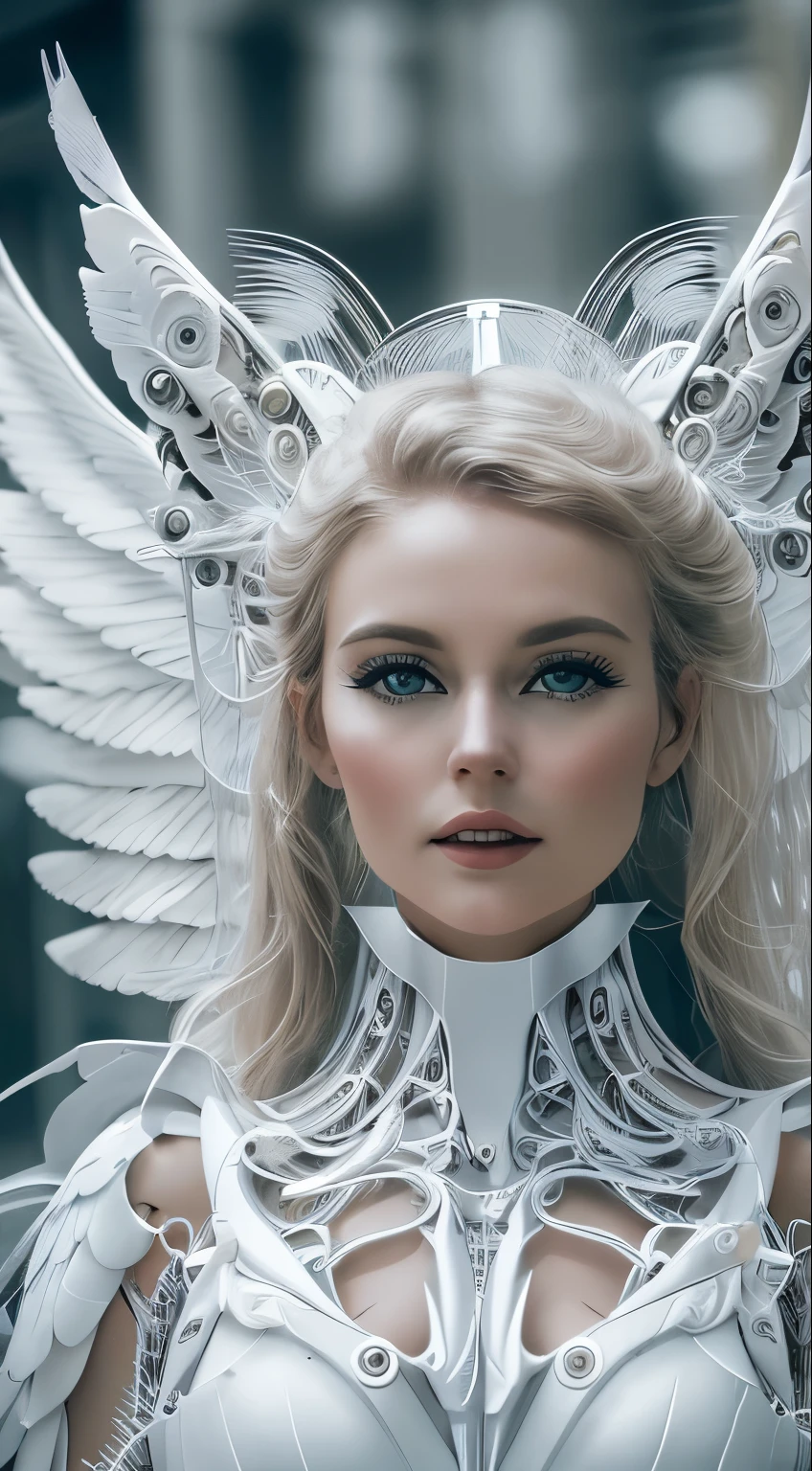 Close-up of a woman in a white dress with wings, full body angel, futuristic robot angel, amazing angel wings, angel knight gothic girl, angel in plastic armor, intricate costume designs, As a mysterious Valkyrie, The whole body is made of white feathers,, futuristic and fantastic, white wings, beautiful angel wings, steampunk angel, beautiful cyborg angel girl, graceful wings
