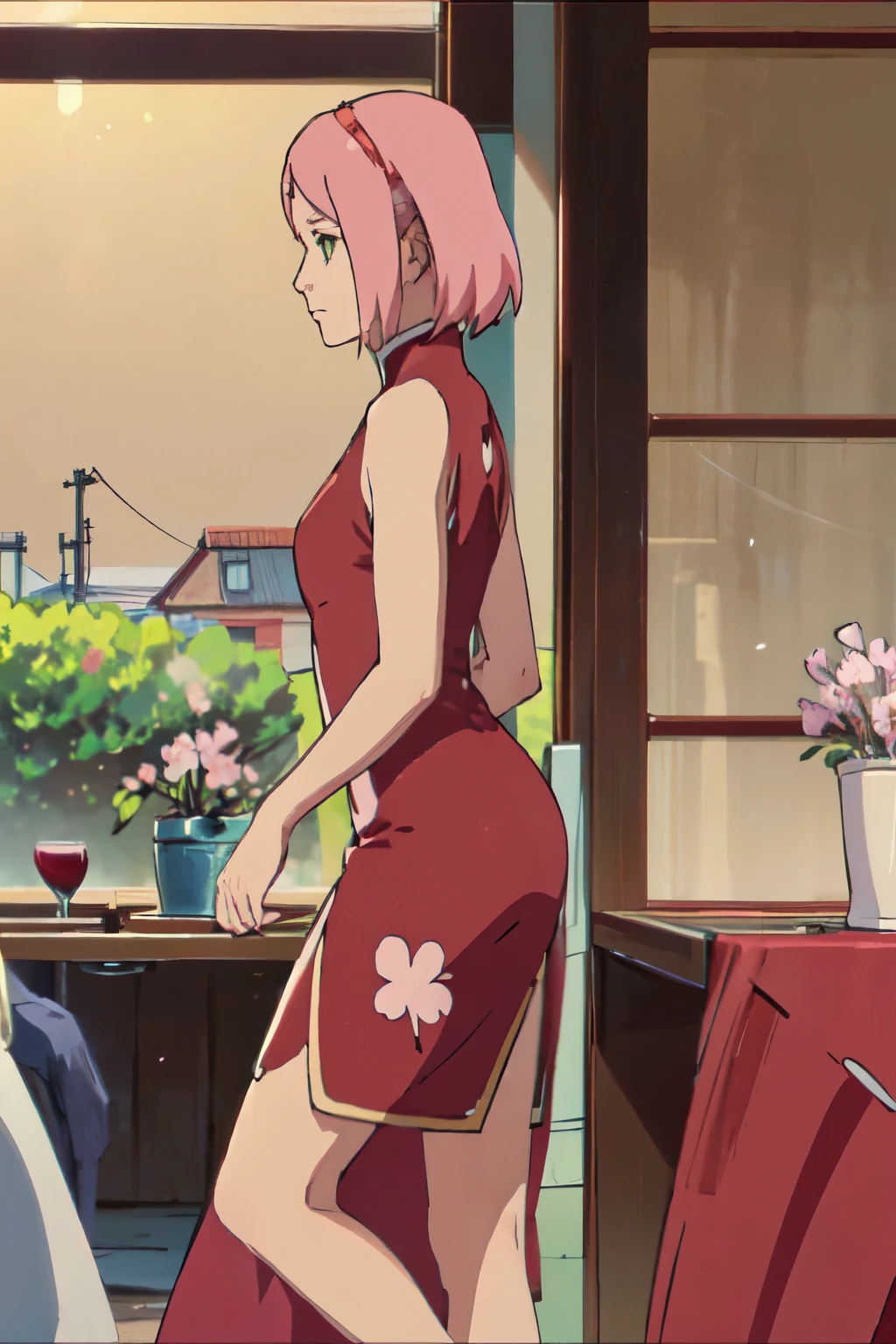 Madura sakura haruno, small breasts, piernas delgadas, (piernas abiertas),(wearing a bright red satin dress), (Vista de perfil derecha mirando al horizonte.), (zapatillas rojas), (sentado en una mesa de billar), (Con una copa de vino), (with a melancholic and thoughtful look), (con cabello suelto y ondulado), (in a garden full of cherry blossoms), (with soft golden lighting).