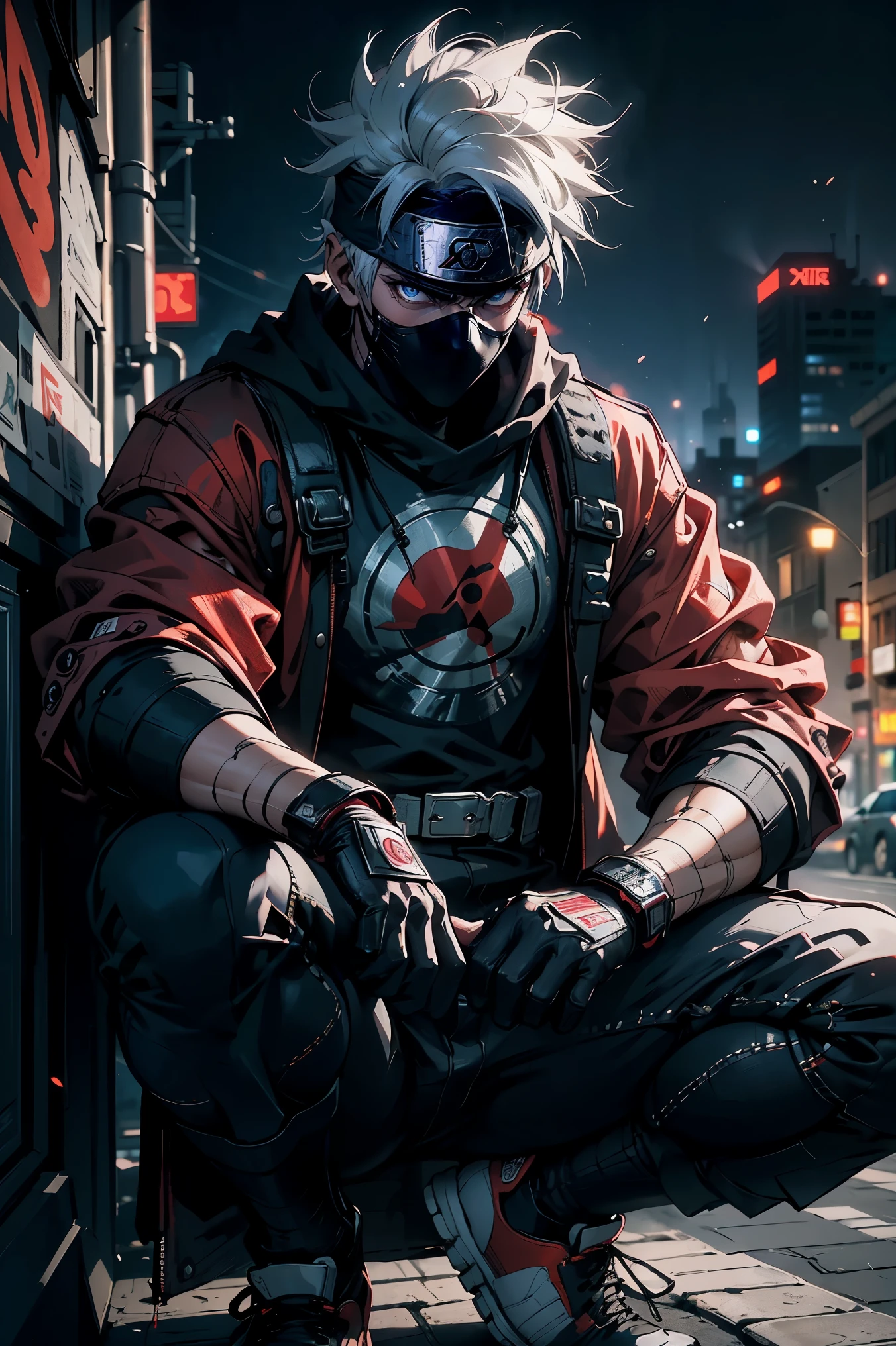(best quality,4k,highres),Kakashi sitting on the ground with a street style, leaning against a wall, red Jordans, red ninja gloves, white hair, ninja headband, mask covering his mouth, graffiti background, vibrant colors, urban art style, edgy lighting